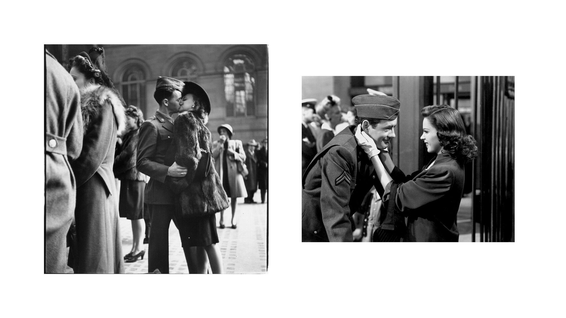 A composite image featuring a Couple in Penn Station sharing farewell kiss, along with Robert Walker and Judy Garland as Corporal Joe Allen and Alice Mayberry in MGM’s The Clock