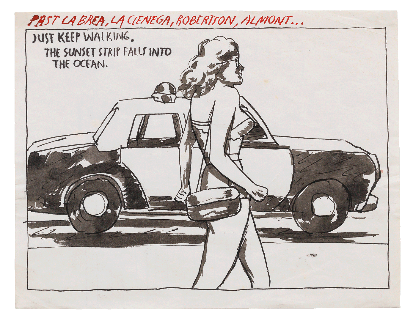 A drawing by Raymond Pettibon titled No Title (Past La Brea...), dated 1988.