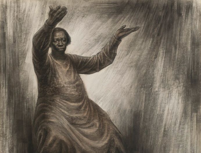 This is a close-up of the work by Charles White, titled Move On Up a Little Higher, dated 1961.