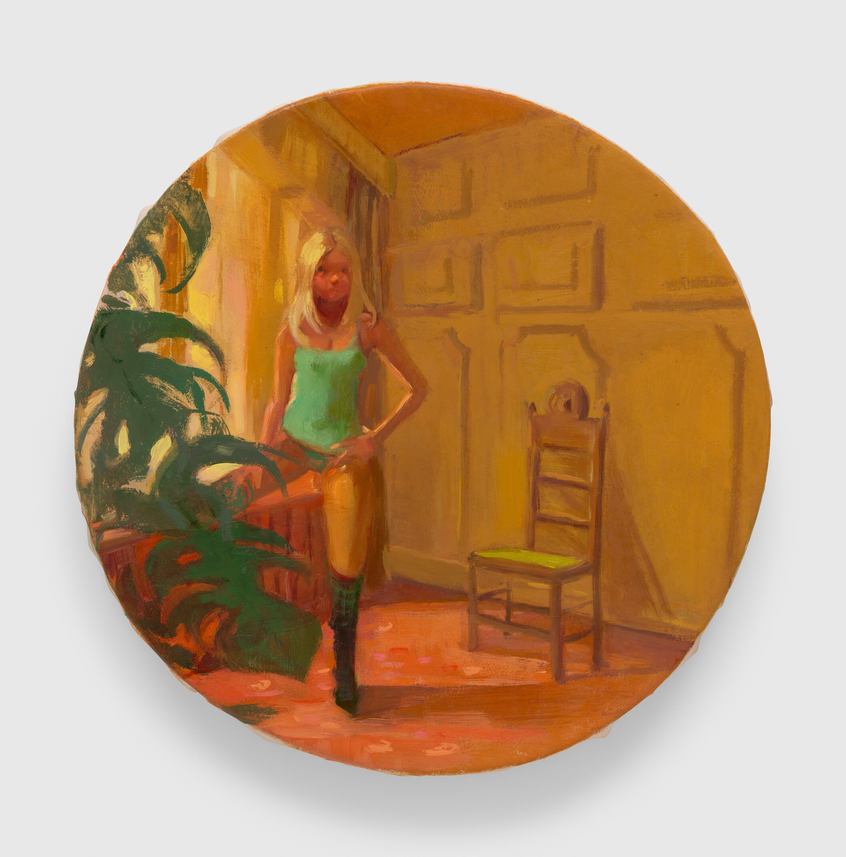 A painting by Lisa Yuskavage, titled Tank Top Tondo, dated 2023.