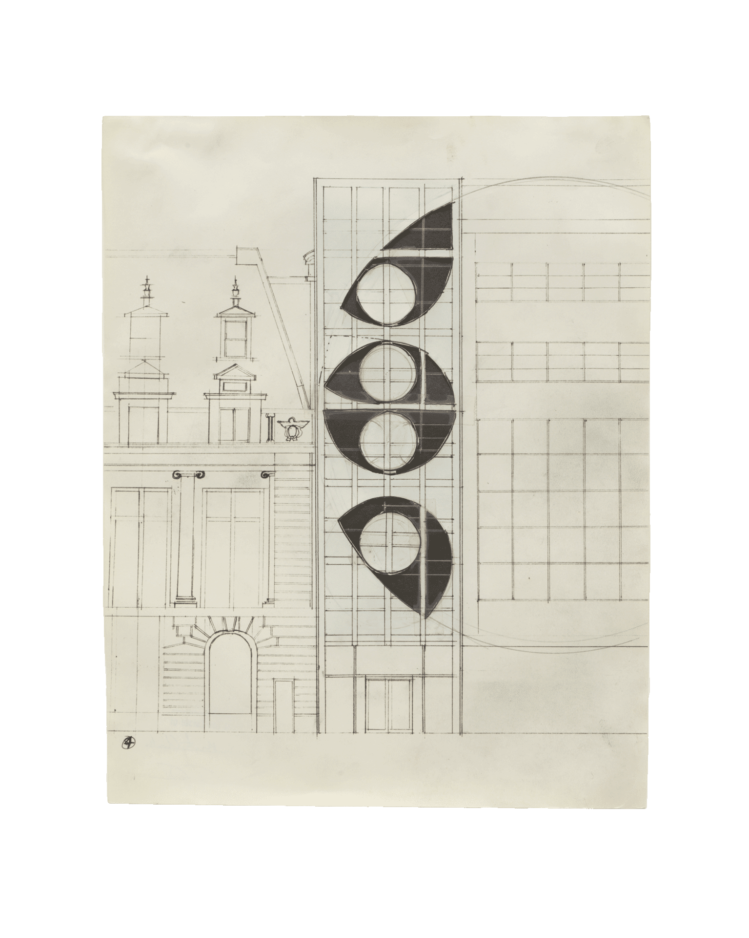A drawing by Gordon Matta-Clark, titled Untitled (Proposal #4 for MOMA), dated 1978.