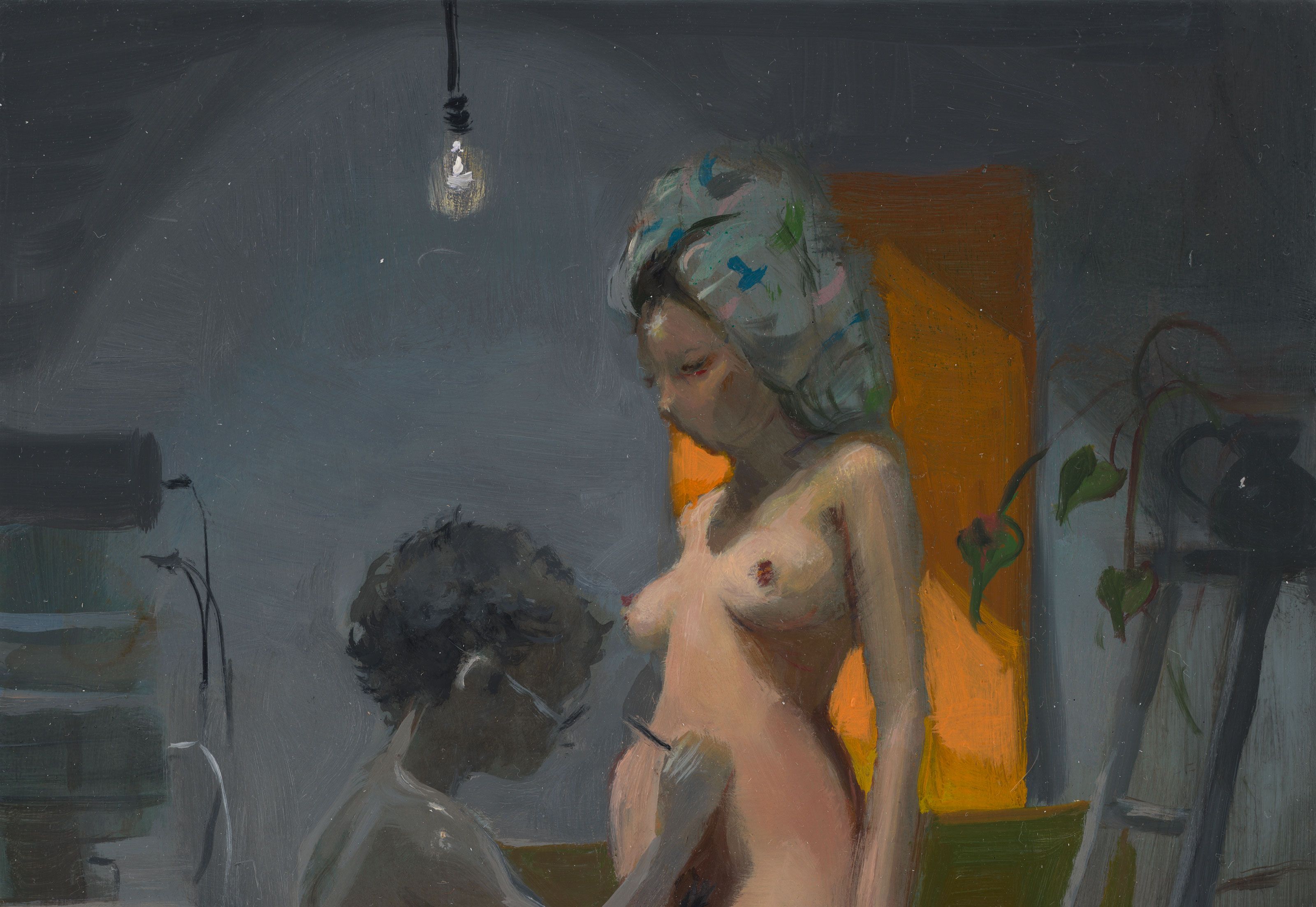 A detail from a painting by Lisa Yuksavage. titled Little Department of Painting Drawing and Sculpture, dated 2019