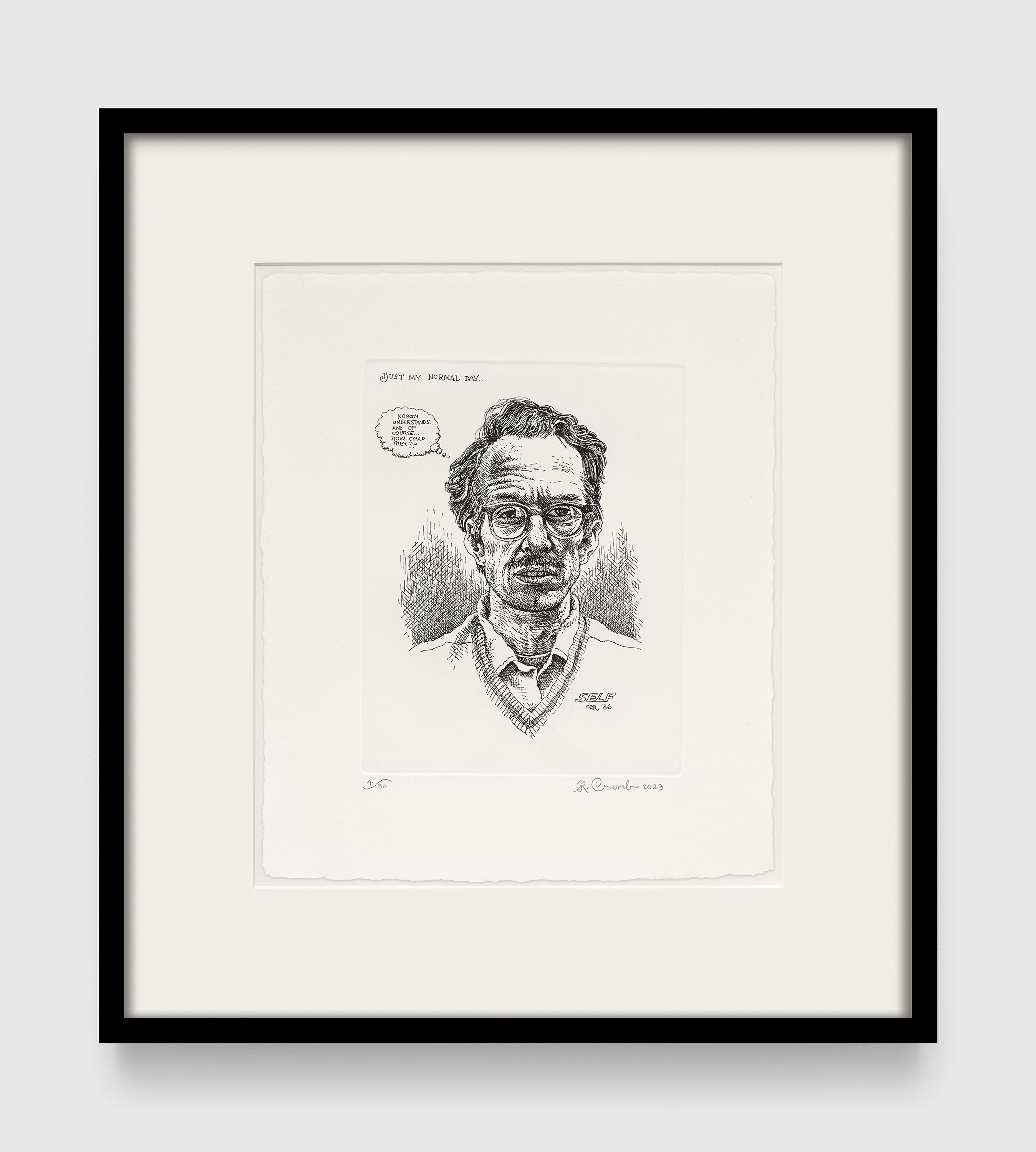 A work on paper by R. Crumb, titled Self Portrait (Just My Normal Day), dated 2023.