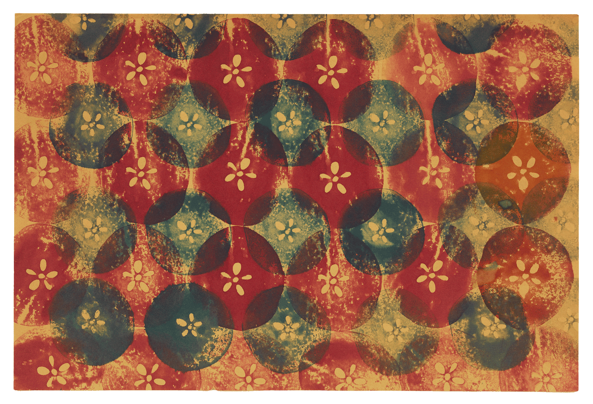 A work on paper by Ruth Asawa, titled Untitled (SF.049a, Apple Print - red/blue/green/orange), dated 1951 to 1952.