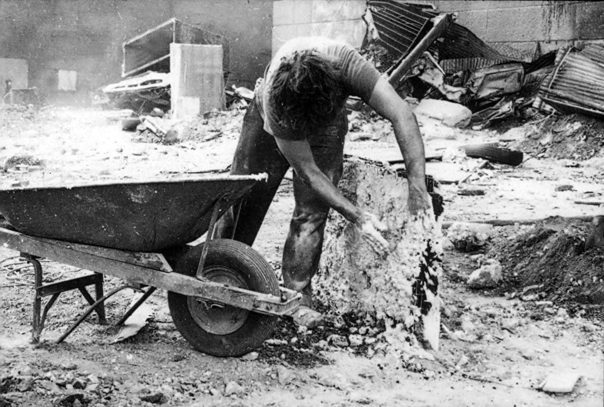 A still from a film by Gordon Matta-Clark, titled Fire Child, dated 1971.