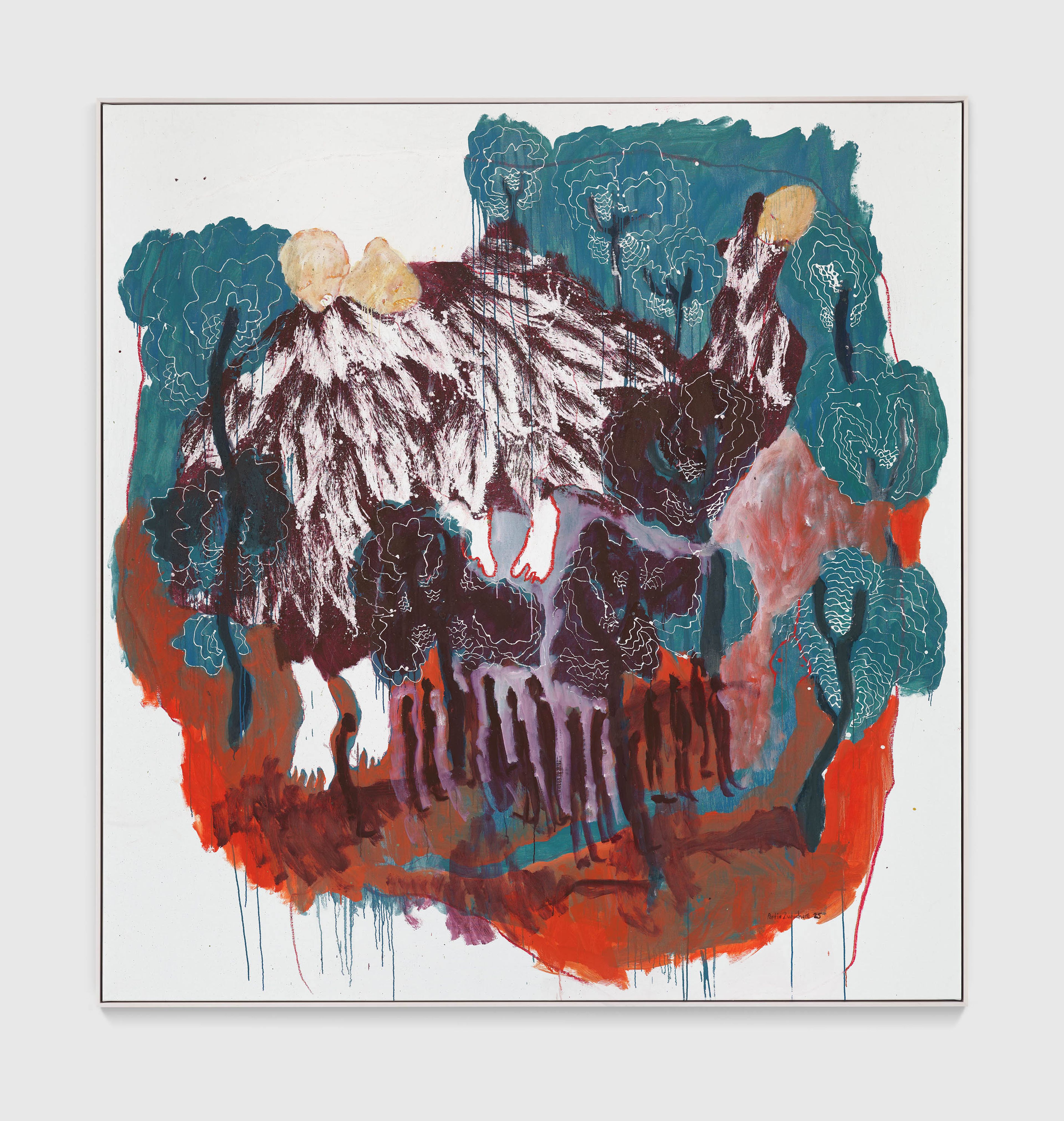 A painting by Portia Zvavahera, titled Kutsika zvinyavada, dated 2025.