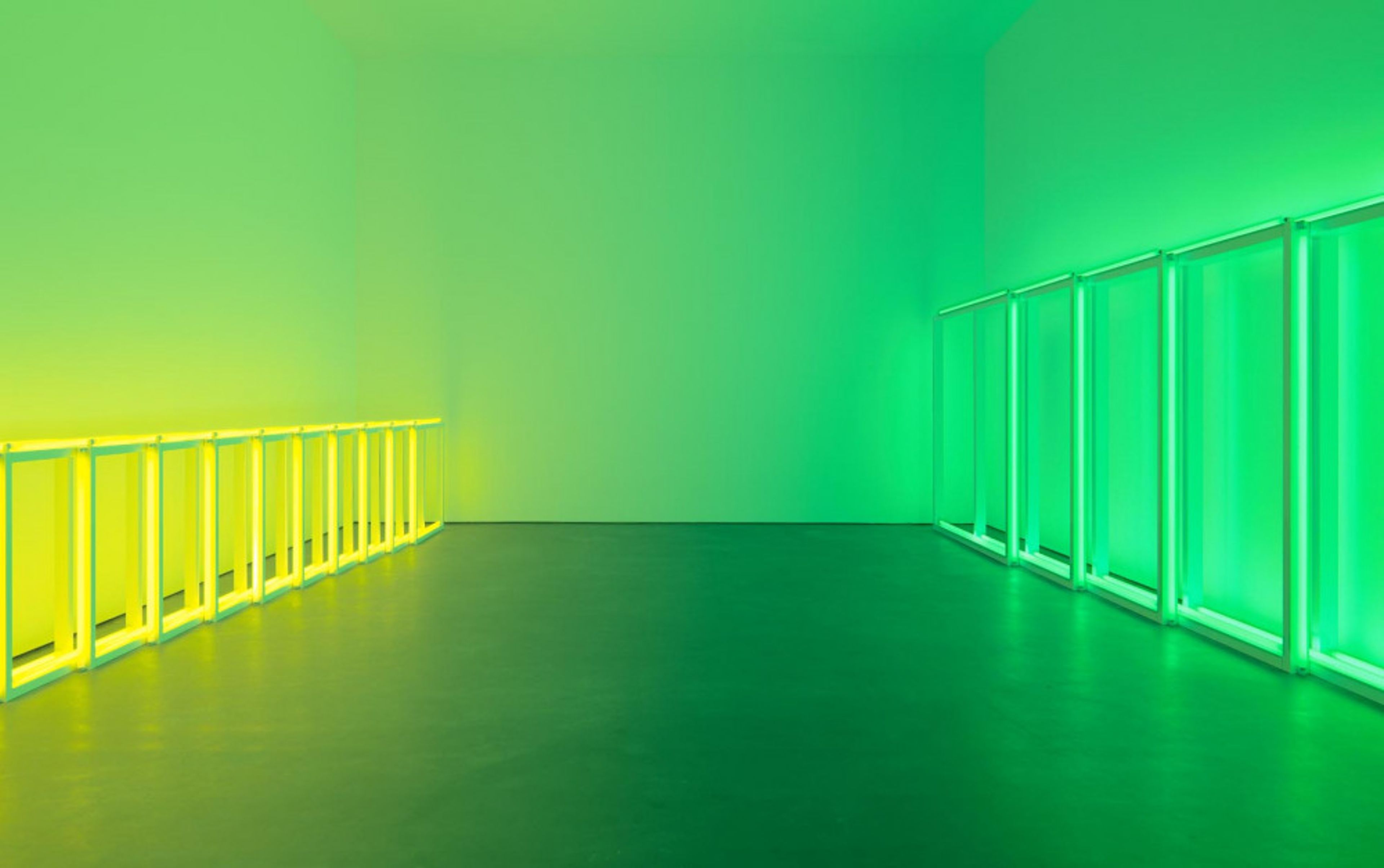 Installation view of the exhibition Dan Flavin: Corners, Barriers and Corridors, at David Zwirner in New York, 2015.