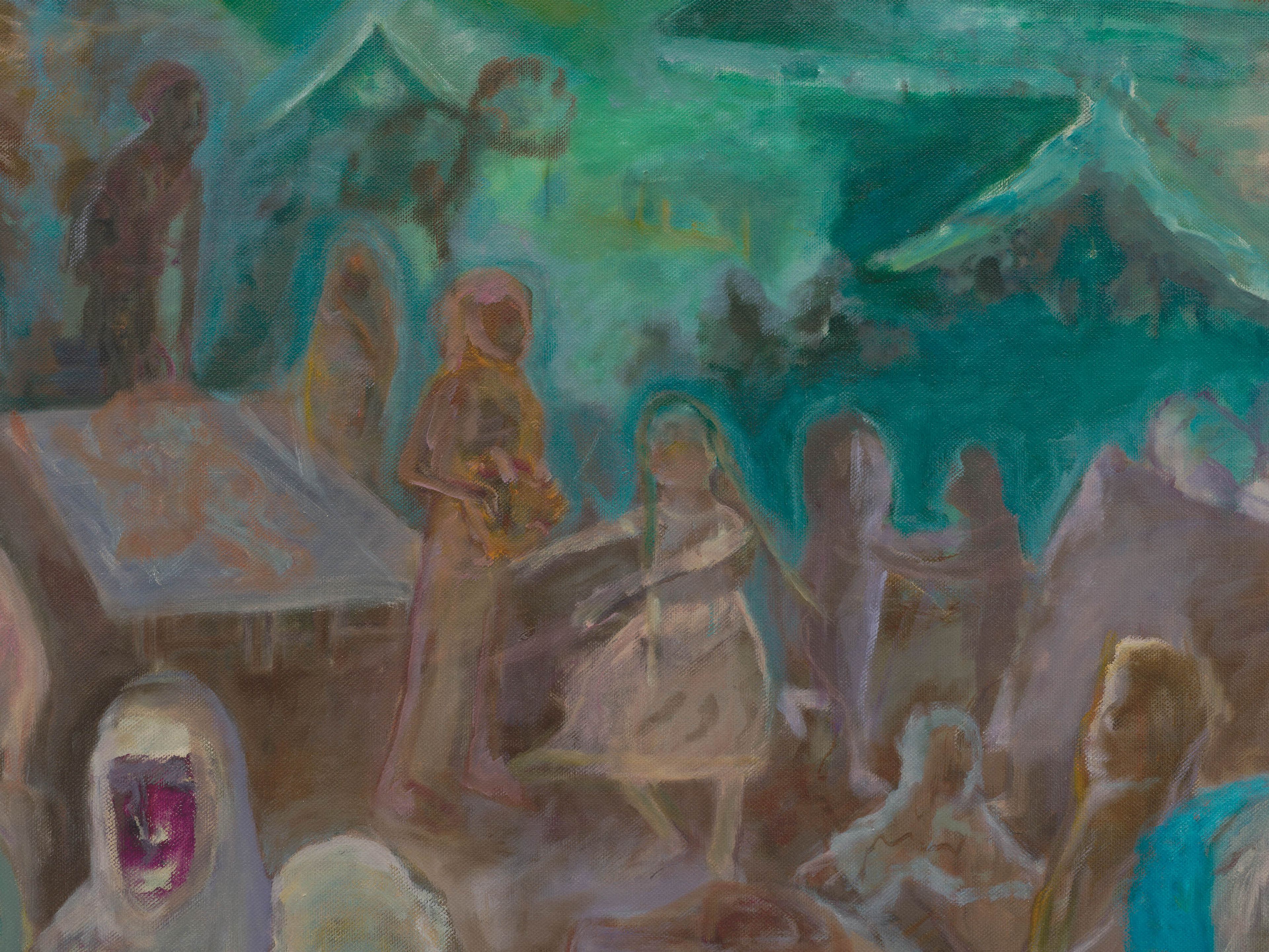 A detail from a painting by Sosa Joseph, titled Rain’s refugees, dated 2024 to 2025.