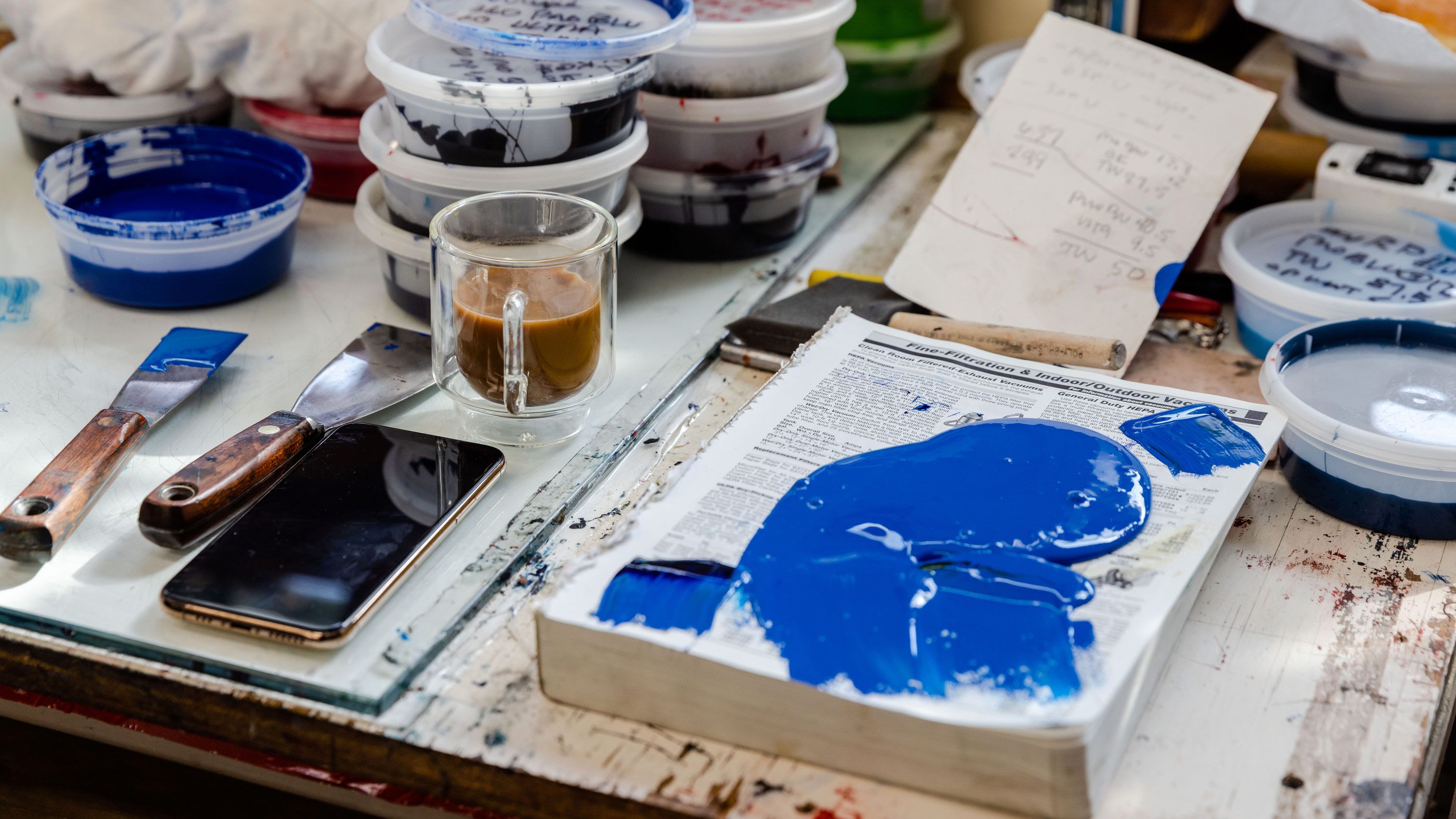 Ink is prepped for the printing of No Title (Our Secret Spot.) at Derriere L’Etoile Studios. Photo by Max Burkhalter