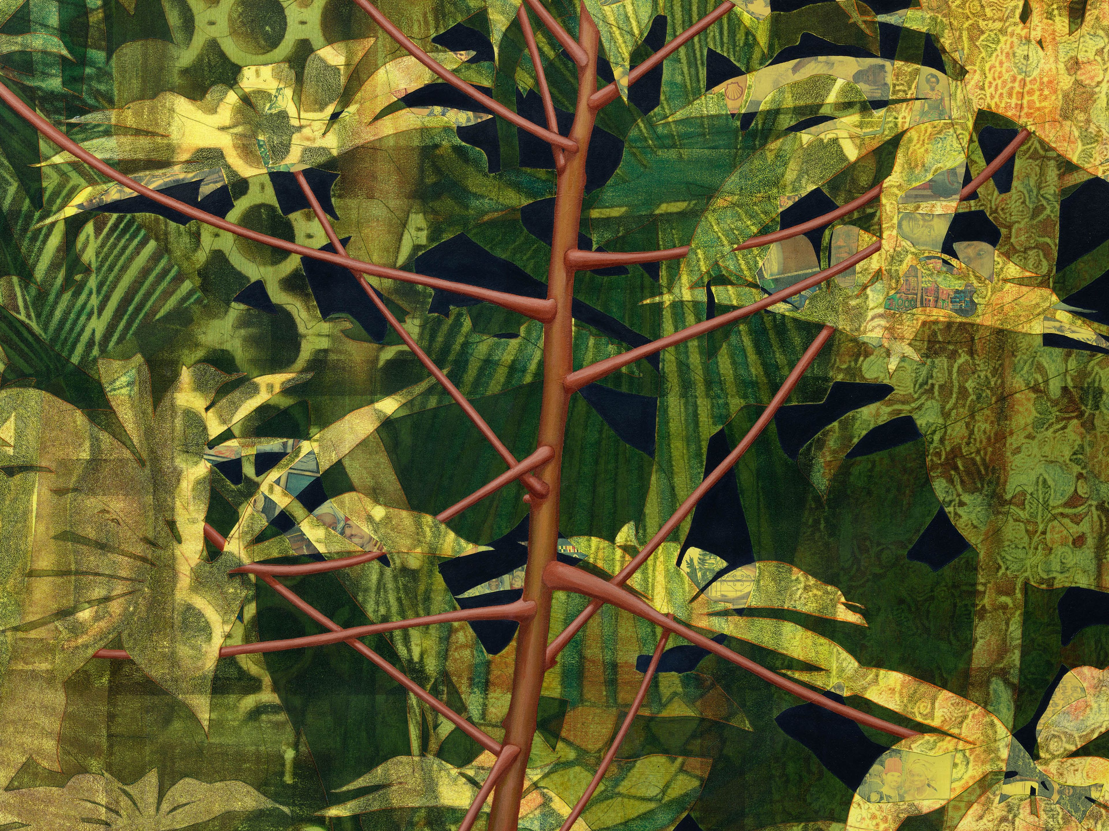 A detail from a work on paper by Njideka Akunyili Crosby, titled Dwellers: Native One, dated 2019.