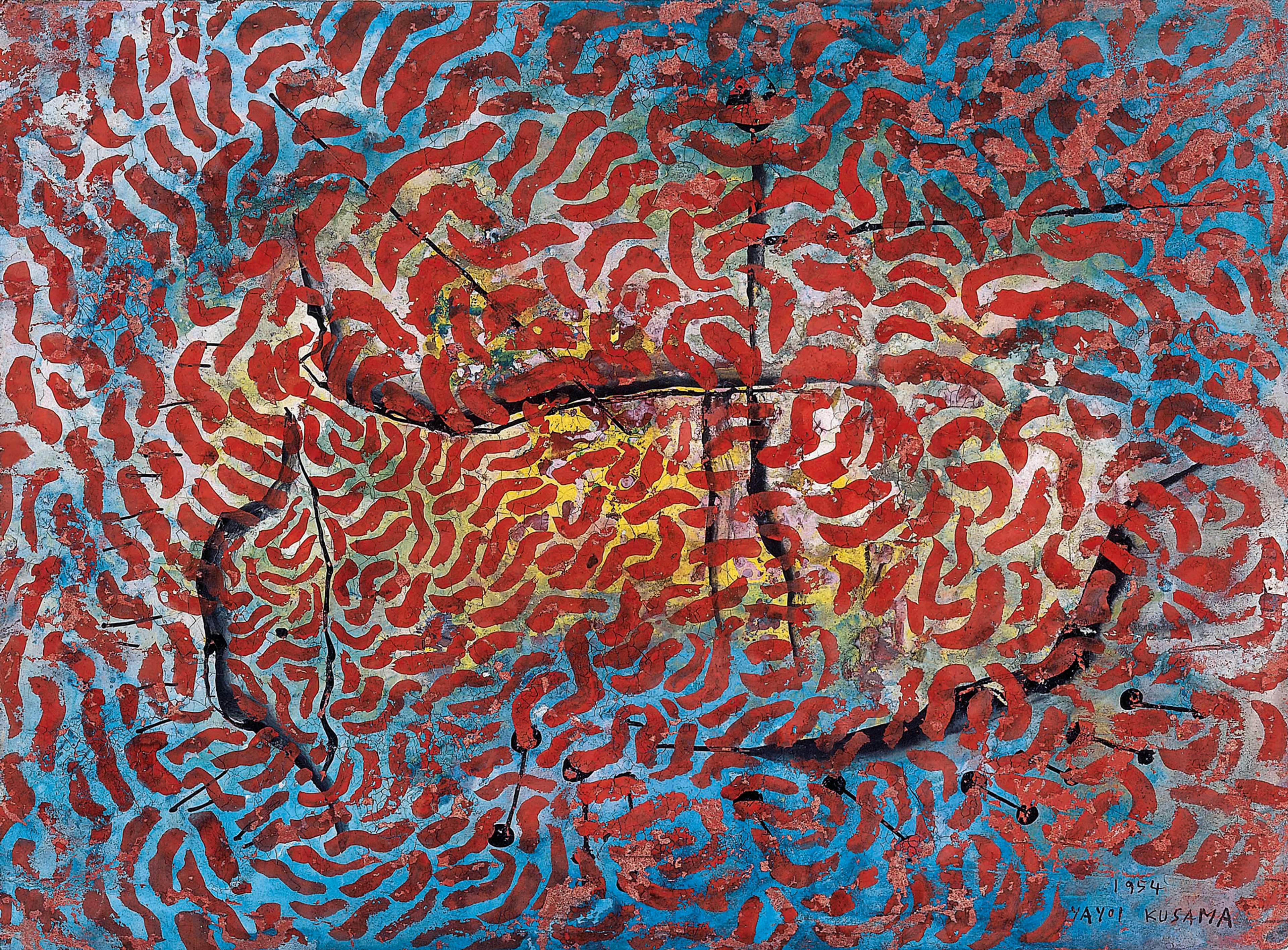 A painting by Yayoi Kusama, titledLeaves, dated 1954.
