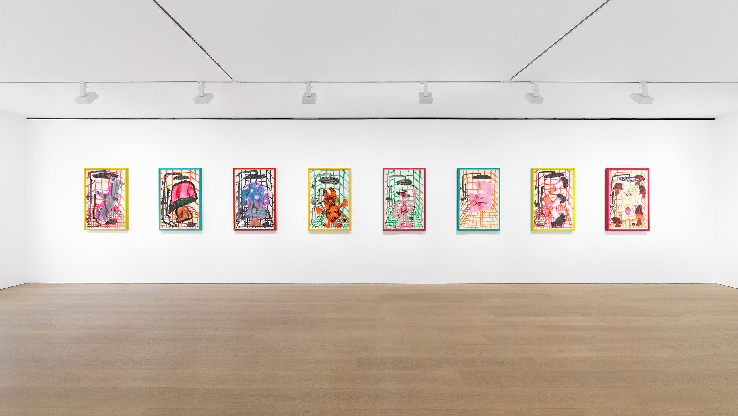 Installation view of new works on paper by Katherine Bernhardt, 2022