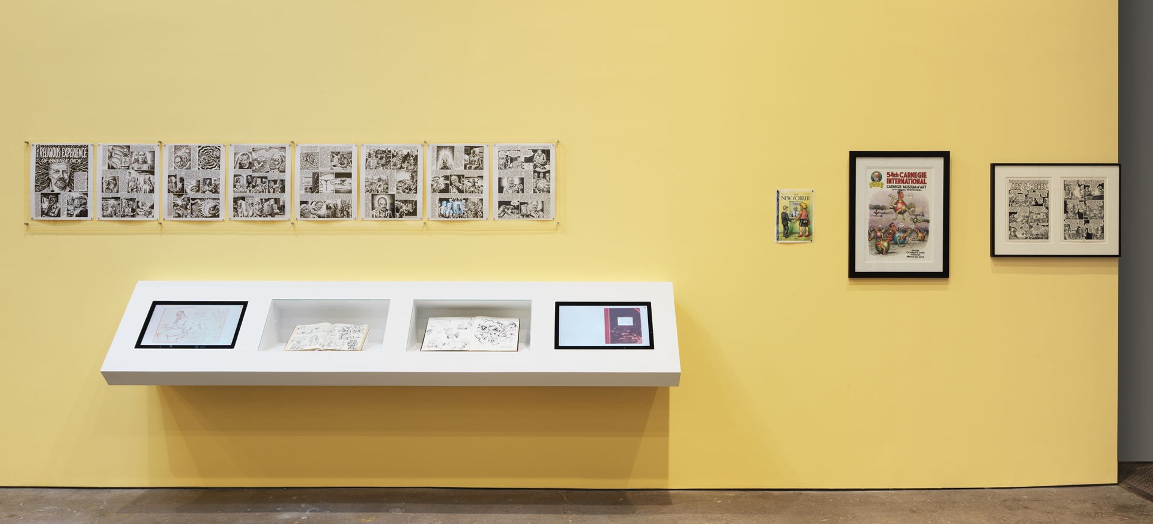 An installation view of the exhibition, R. Crumb: Drawing for Print, at David Zwirner, dated 2019.