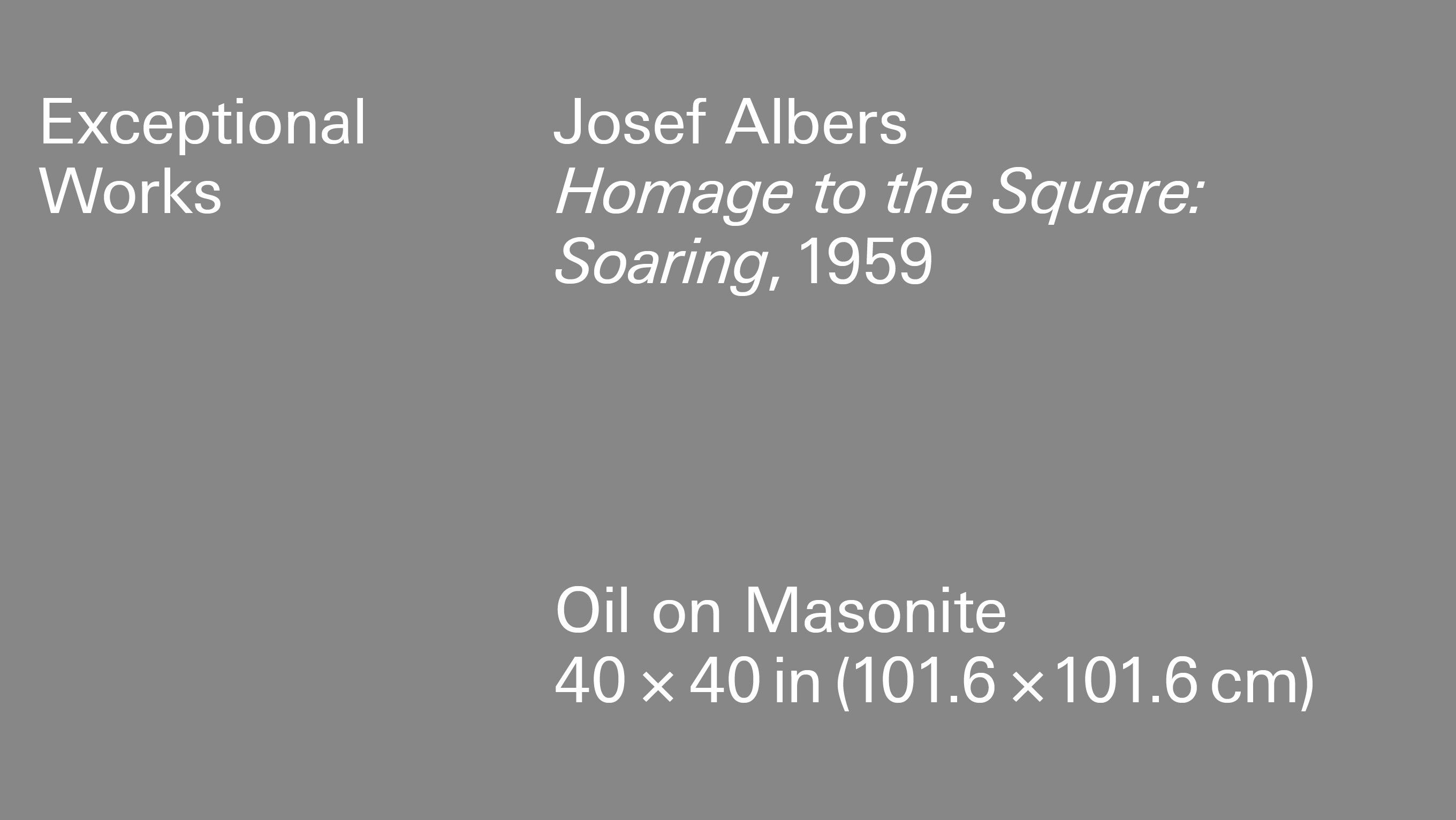 Header graphic with the title of Josef Albers's work Homage to the Square: Soaring and the dimensions and creation date, 1959.