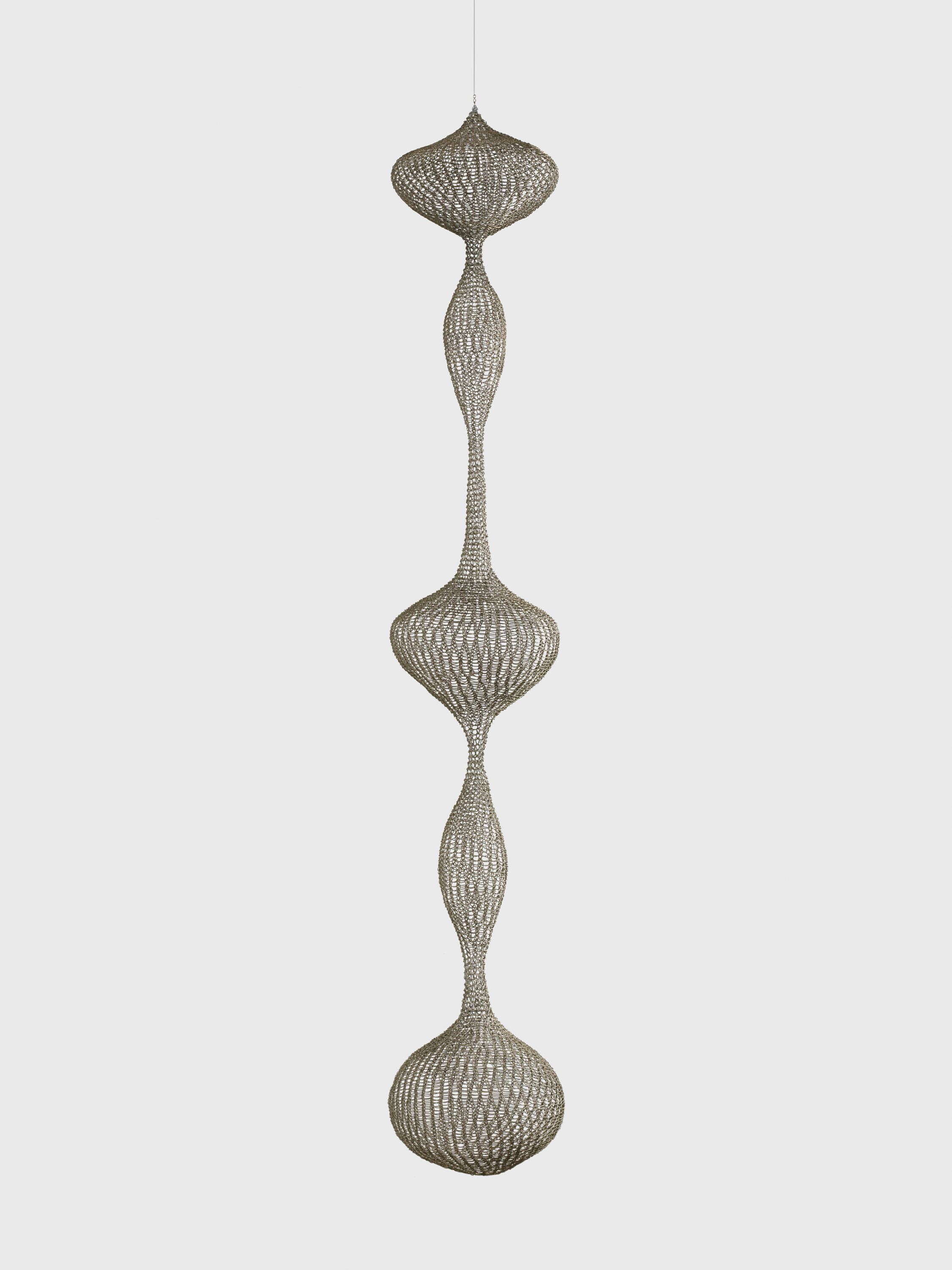 A hanging sculpture—nickel-plated wire artwork by Ruth Asawa, titled Untitled (S.692, Hanging Five-Lobed, Single-Layered Continuous Form), dated circa 1958.