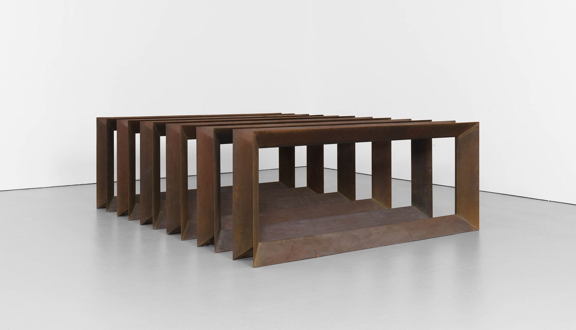 An installation view of an exhibition titled Donald Judd Artworks: 1970–1994, at David Zwirner, New York, in 2020.