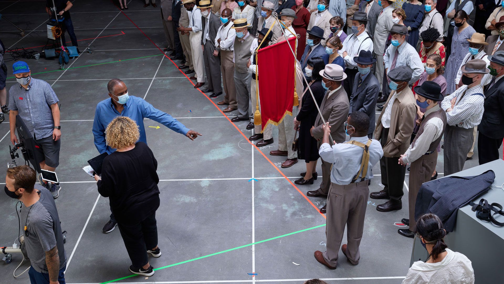 A behind the scenes photograph featuring an in progress work by Stan Douglas, dated 2020