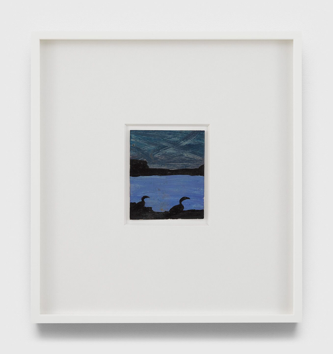 An undated oil painting on Polaroid film cartridge box by Frank Walter, titled Untitled (Two blackbirds night sky black headlands blue bay).