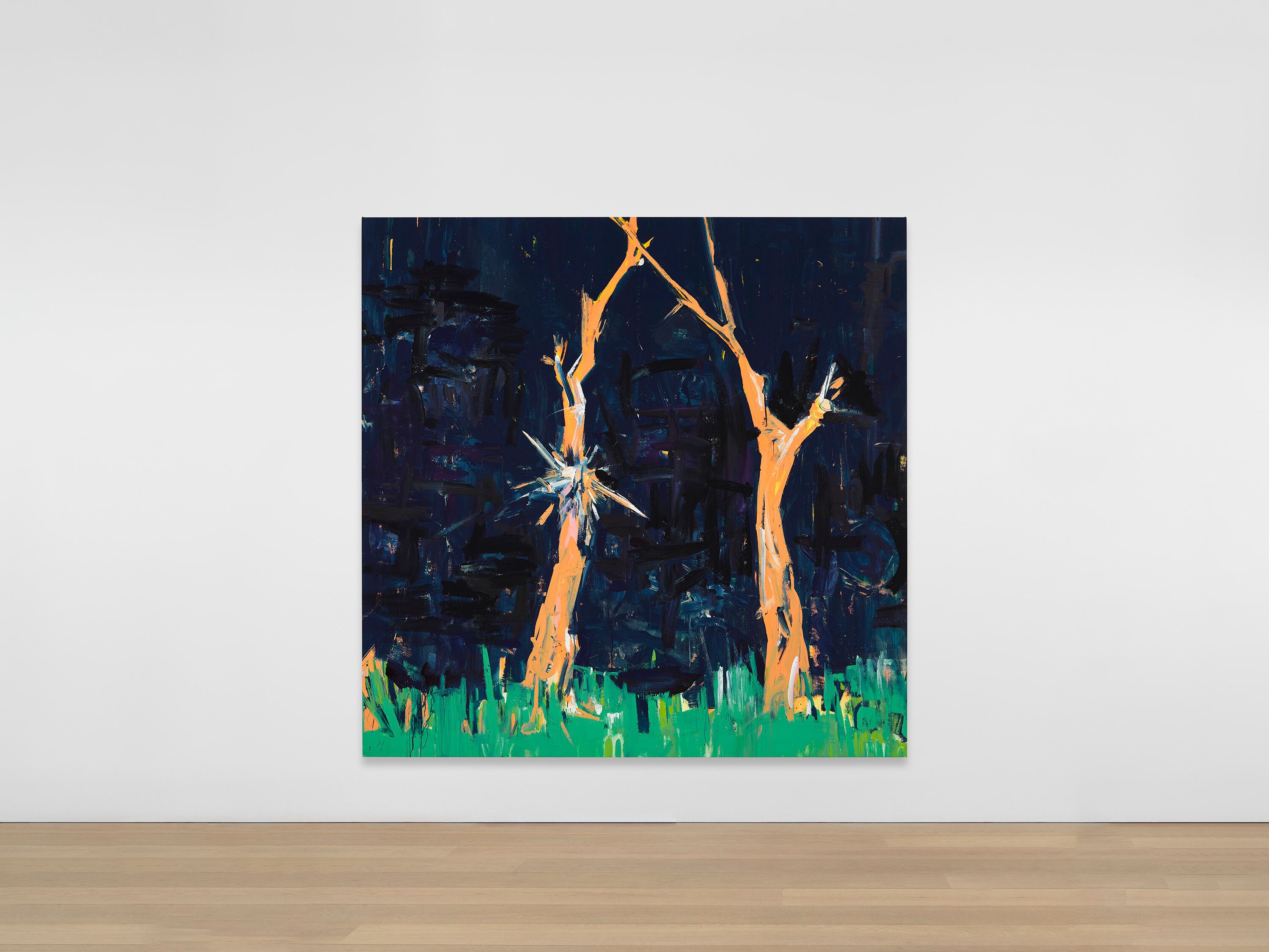 A painting by Cy Gavin, titled Untitled (Roadside trees, brush-hogged), dated 2021.