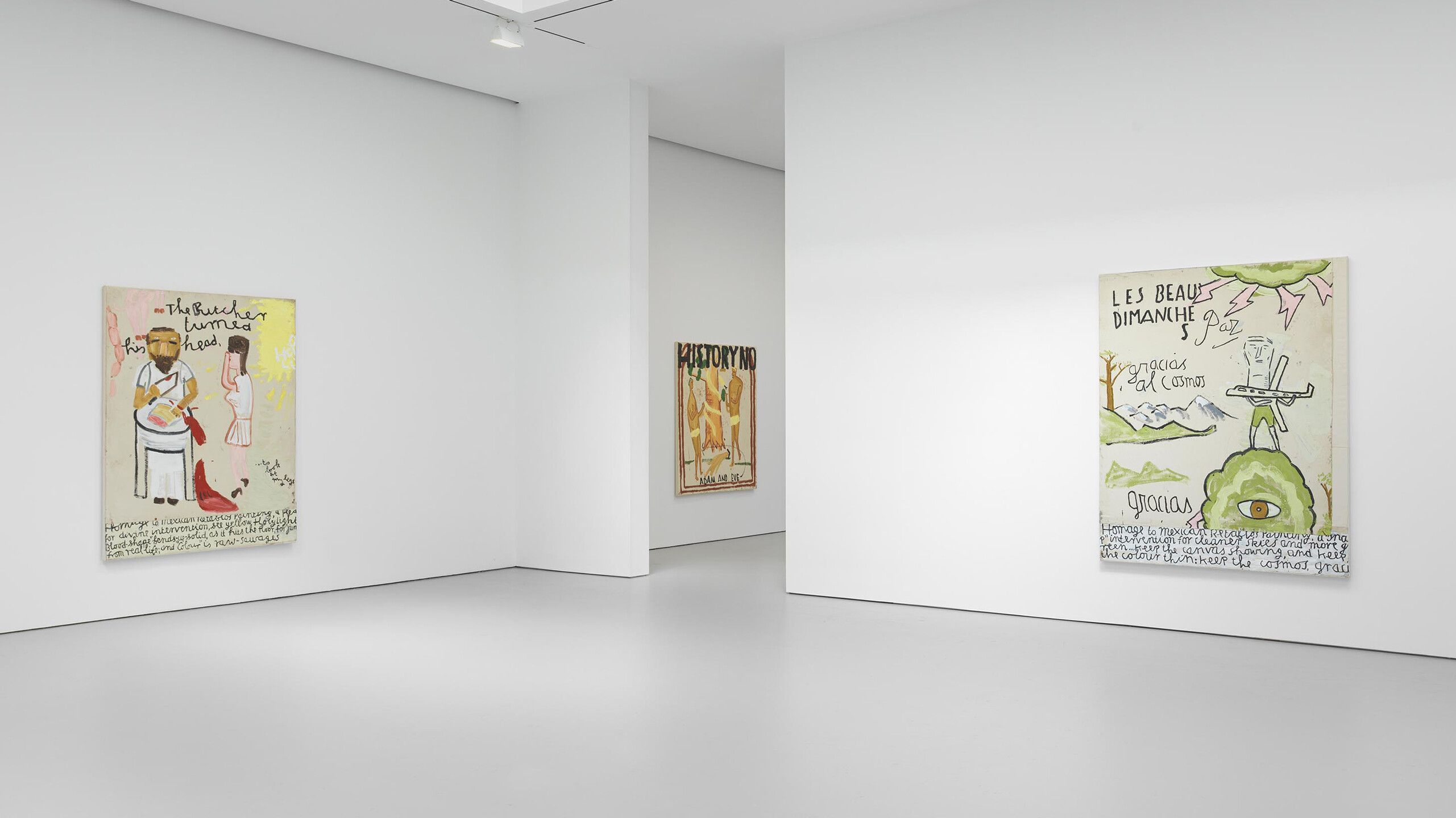 An installation view of an exhibition title Rose Wylie: Which One at David Zwirner, New York, in 2021.