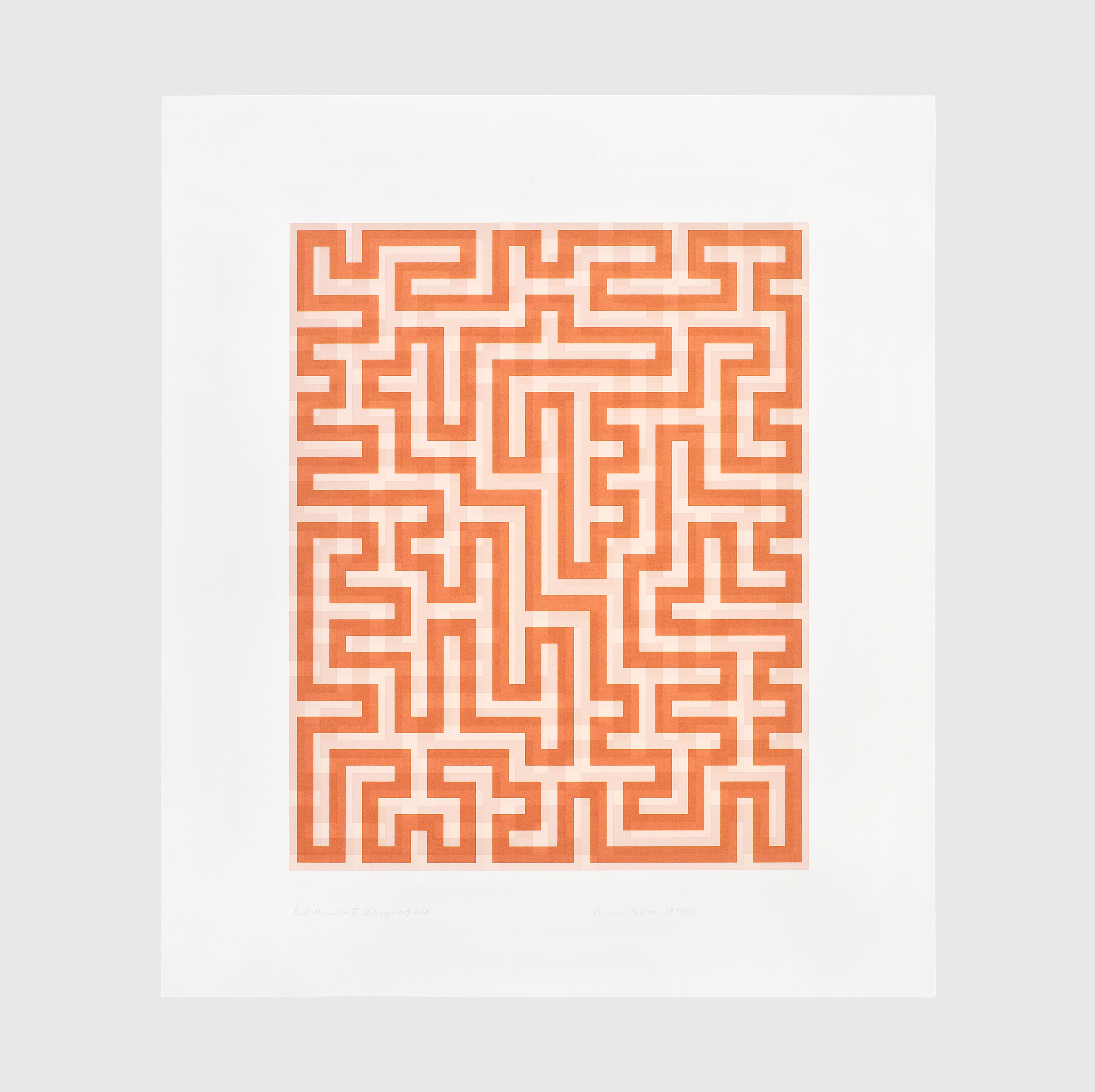 A print by Anni Albers, titled Red Meander II, 1970 to 1971.