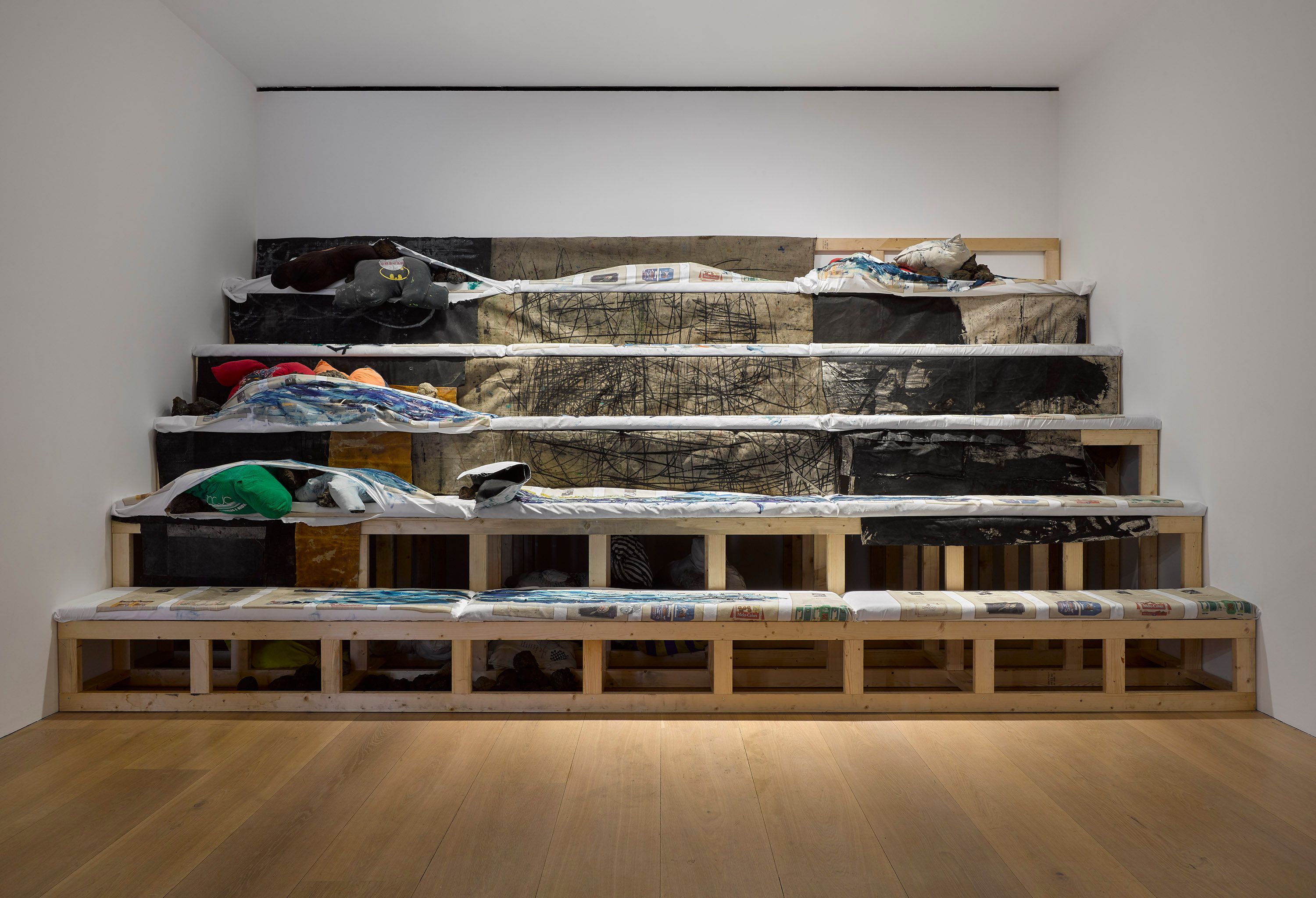 Installation view featuring works by Oscar Murillo, dated 2019