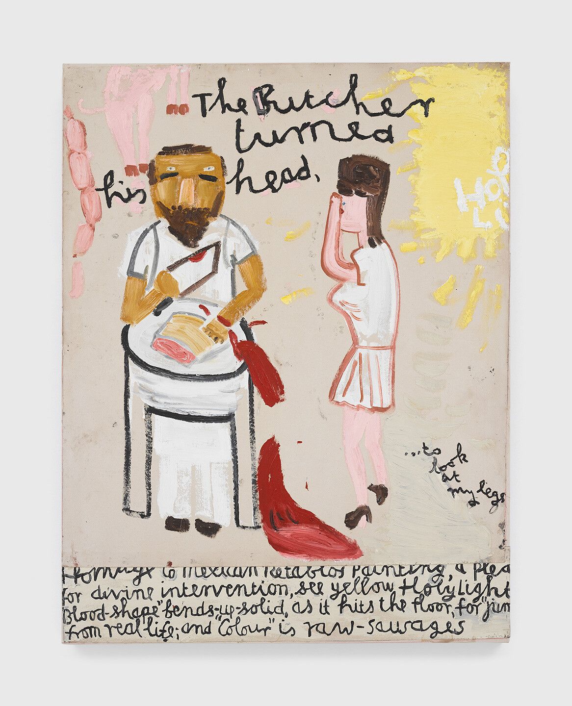 An oil painting on canvas by Rose Wylie, titled Pink Pig and Sausages, homage to Retablos painting, dated 2020.