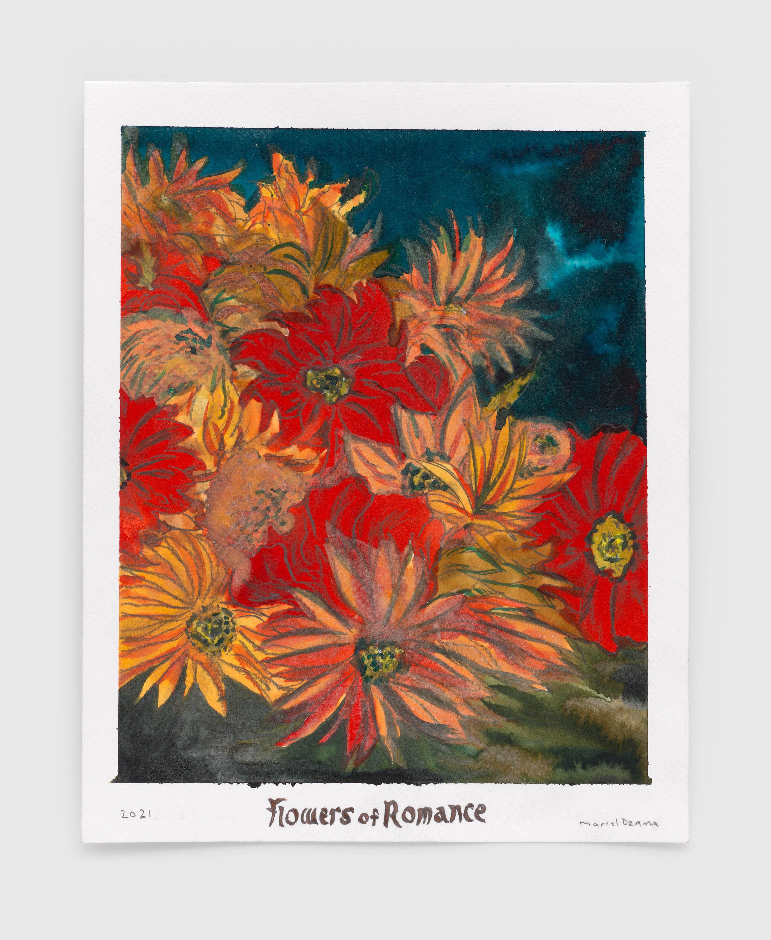 A mixed media artwork by Marcel Dzama, titled Flowers of romance, dated 2021.