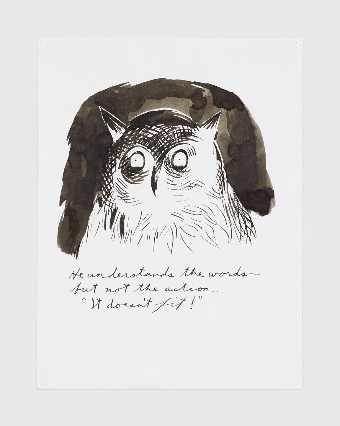 An ink drawing by Raymond Pettibon titled No Title (He understands the...), dated 1992
