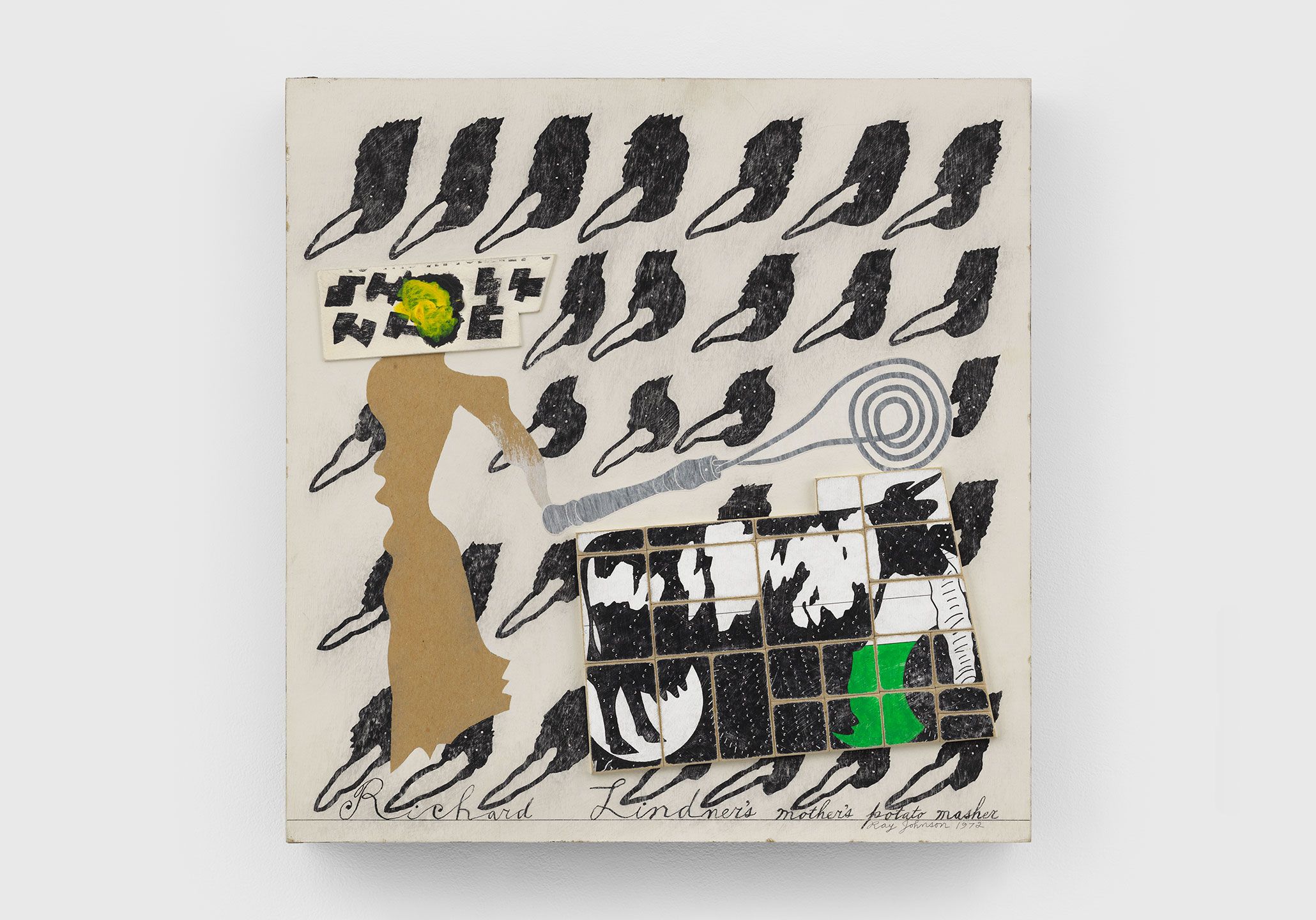 A collage on wood by Ray Johnson, titled Cow 1, dated 1972.