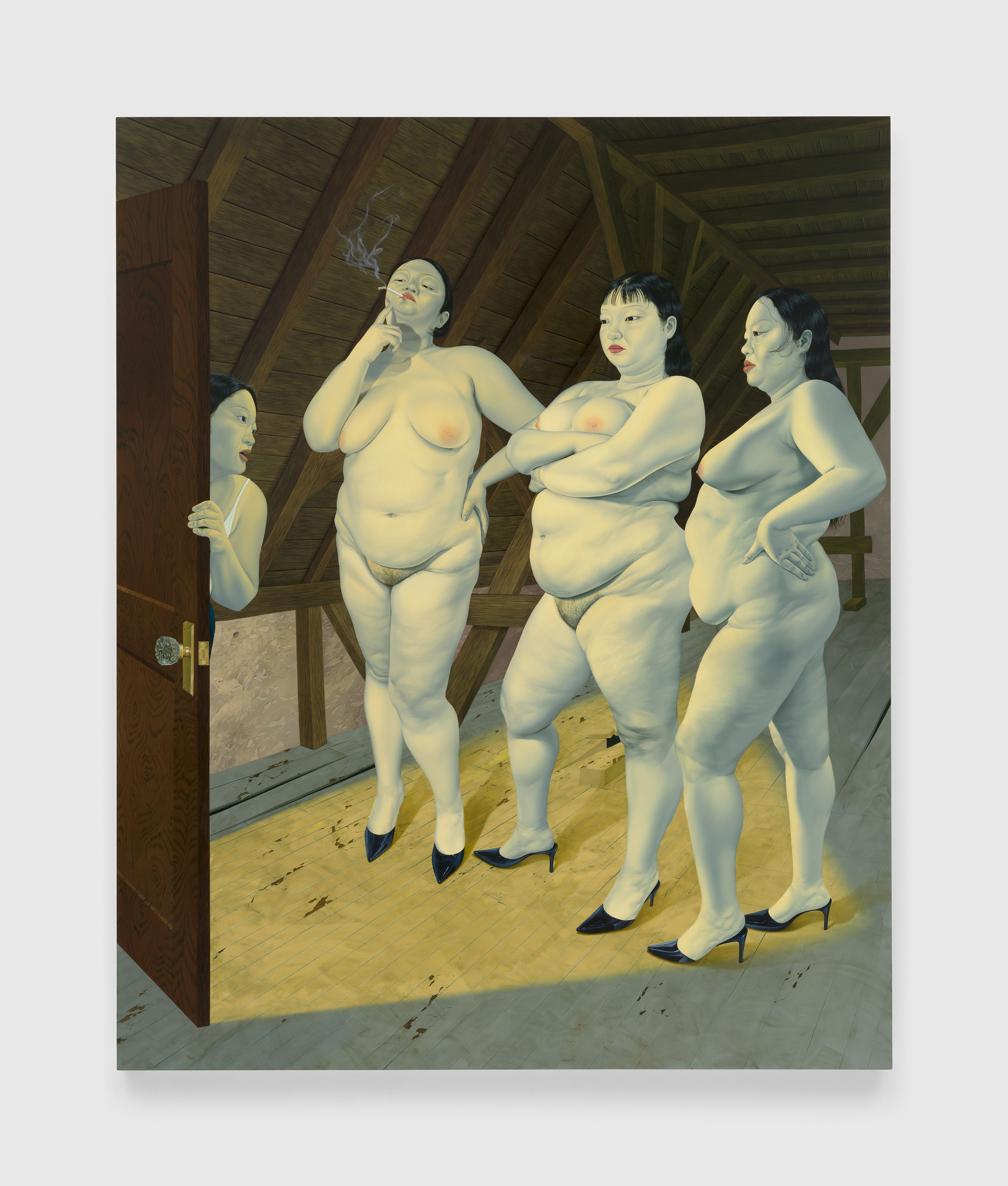 A painting by Sasha Gordon, titled Whores in the Attic, dated 2024.