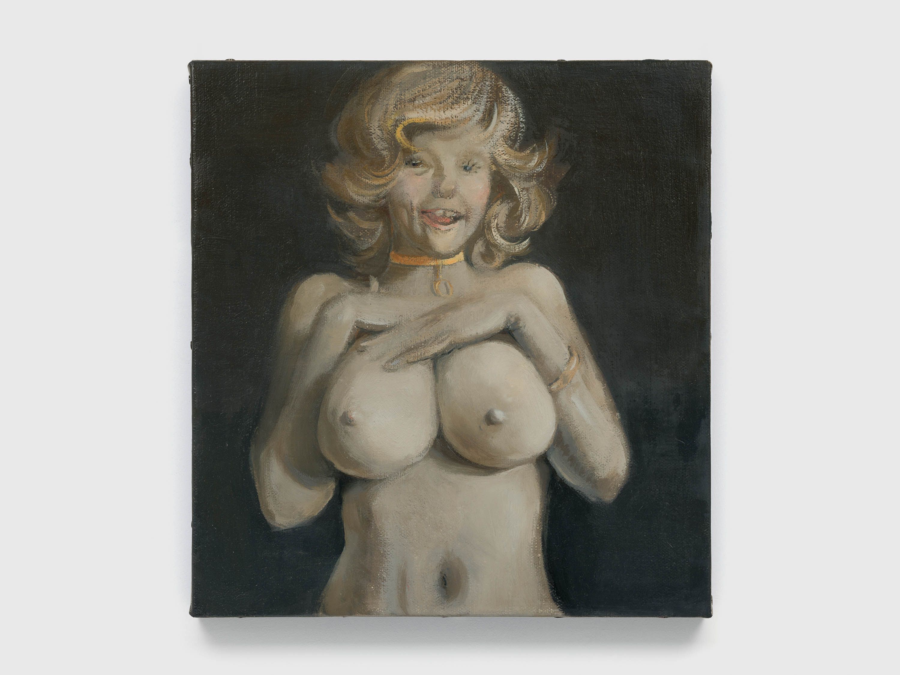 A painting by Lisa Yuskavage, titled Golden Dog Collar, dated 2020.
