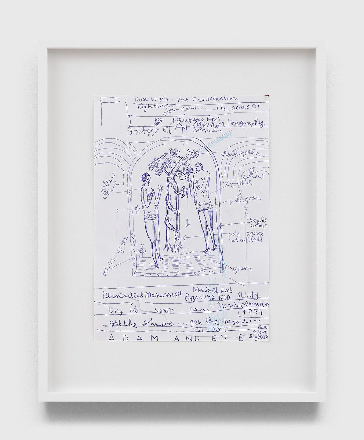 A collage on paper by Rose Wylie, titled Illuminated Manuscript, Adam and Eve, study, dated 2020.
