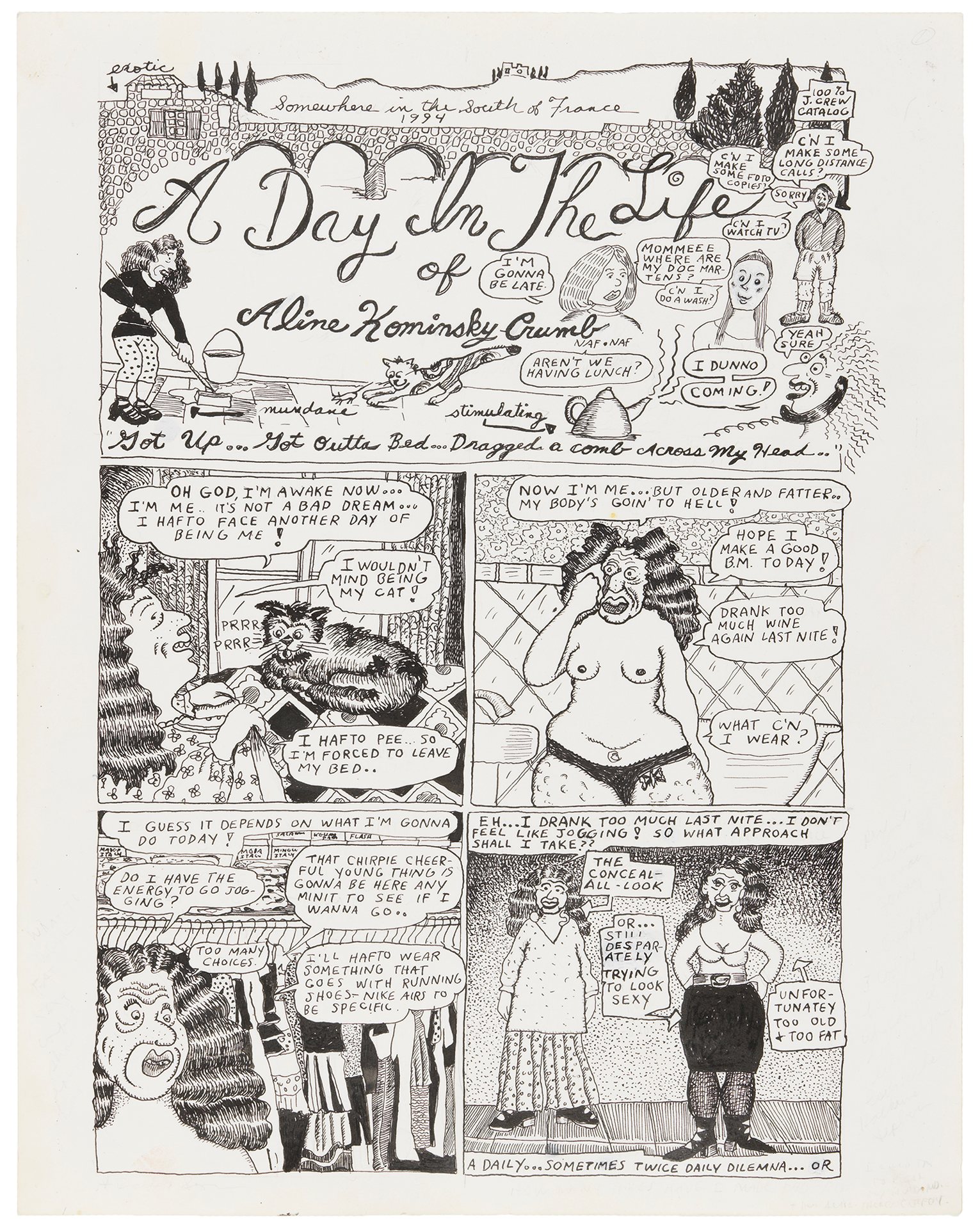 A drawing by Aline Kominsky Crumb titled, A Day in The Life of Aline-Kominsky Crumb, dated 1994.