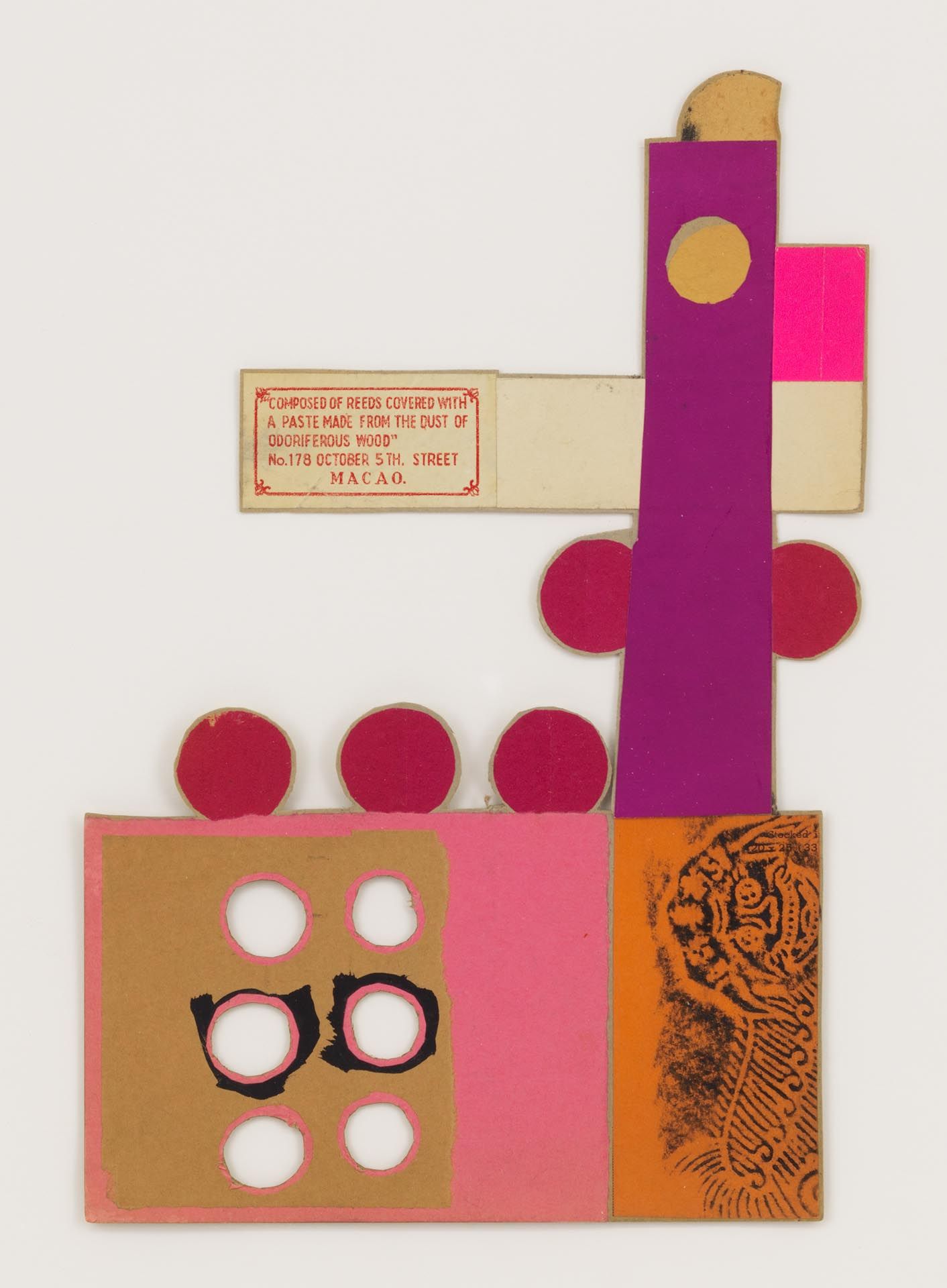 A drawing by Ray Johnson, titled Untitled (Motico, Odiferous Wood), dated 1955.
