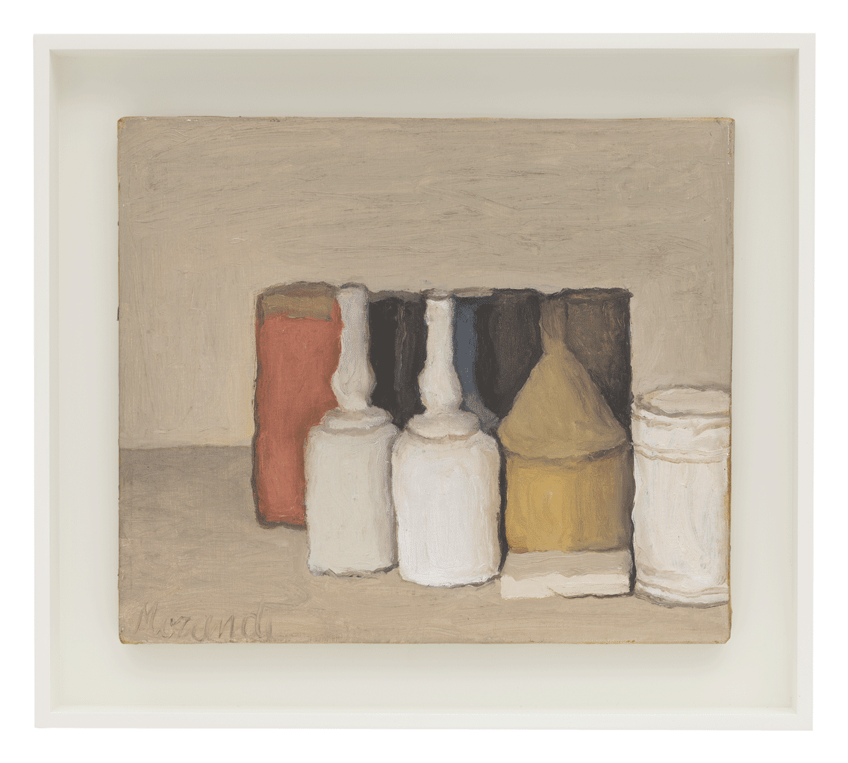 An oil painting on canvas by Giorgio Morandi, titled Natura morta (Still Life), dated 1953.