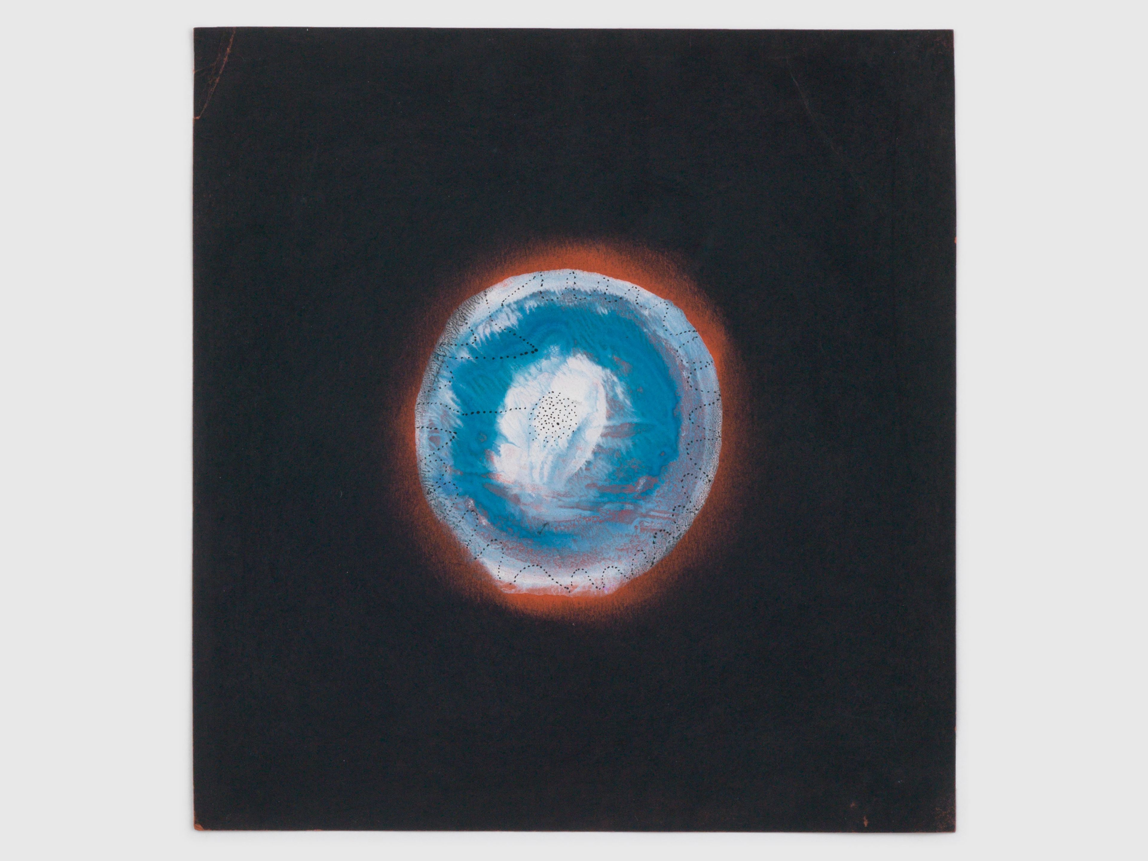 A pastel and ink work by Yayoi Kusama, titled Snow Ball in Sunset (Snow Ball in Sansunset), dated 1953.