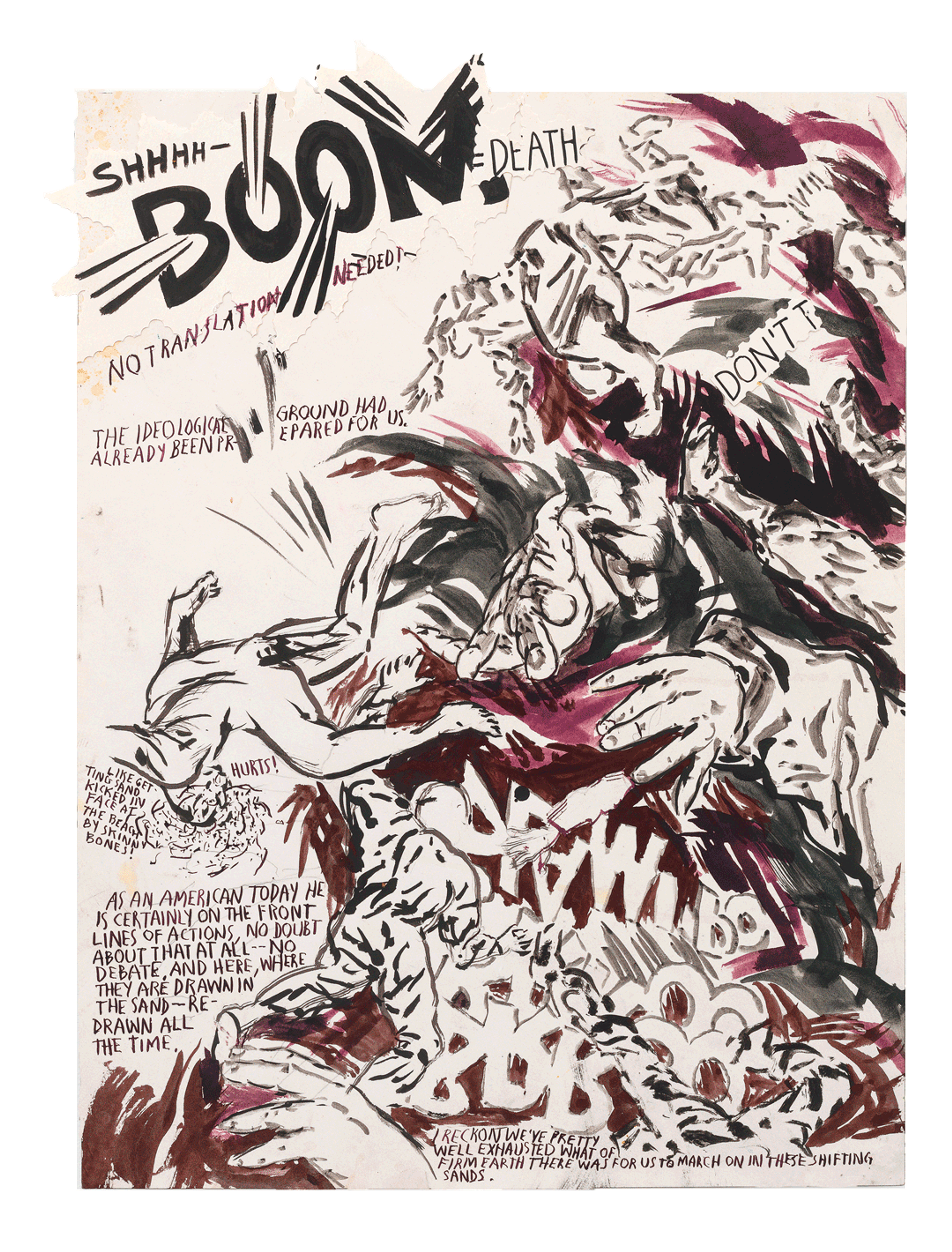 A drawing by Raymond Pettibon titled No Title (Shhhh‚ÄìBoom = Death...), dated 2011.