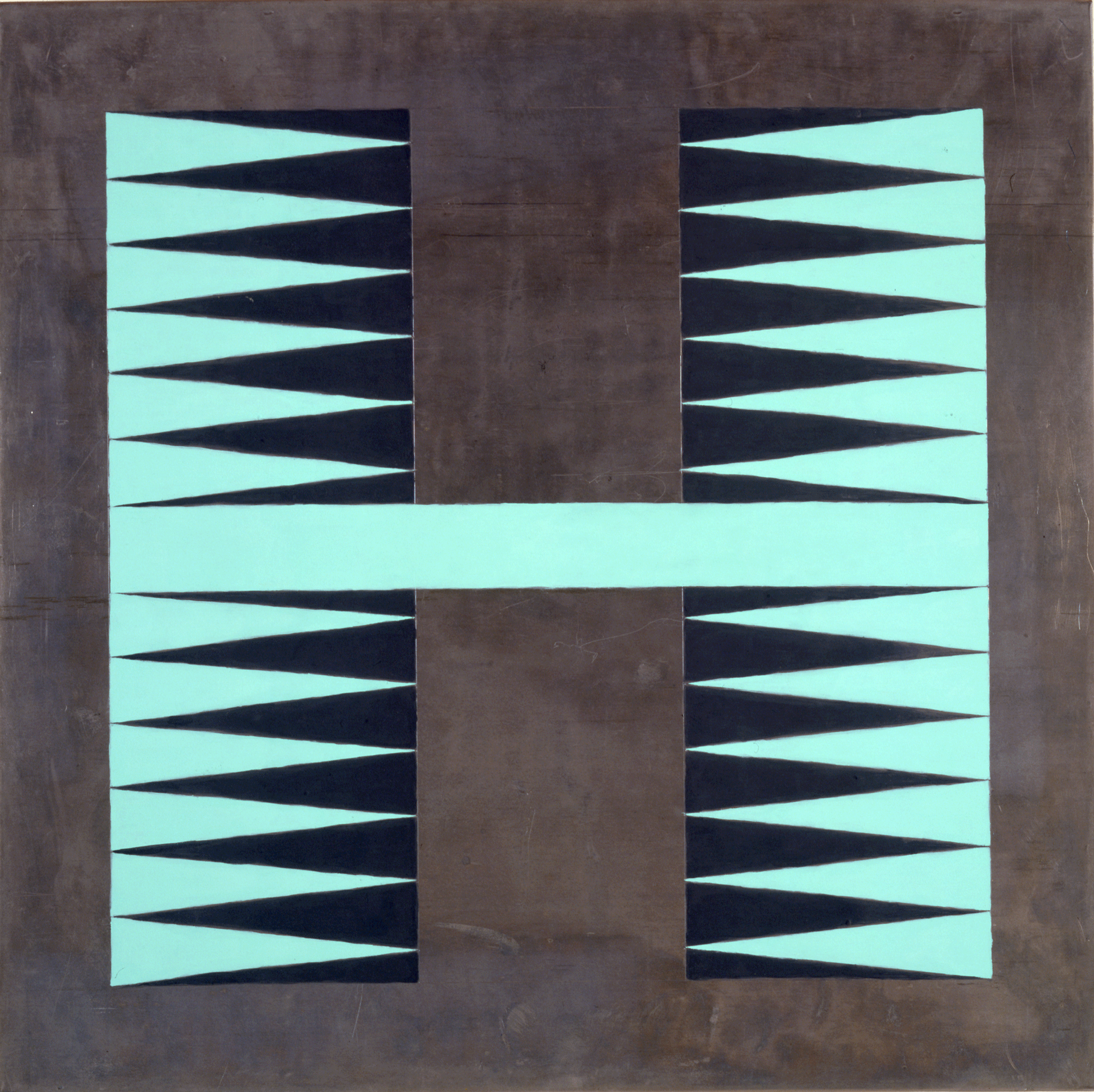 A painting by Sherrie Levine, titled, Lead Chevron: 1, dated 1987. 