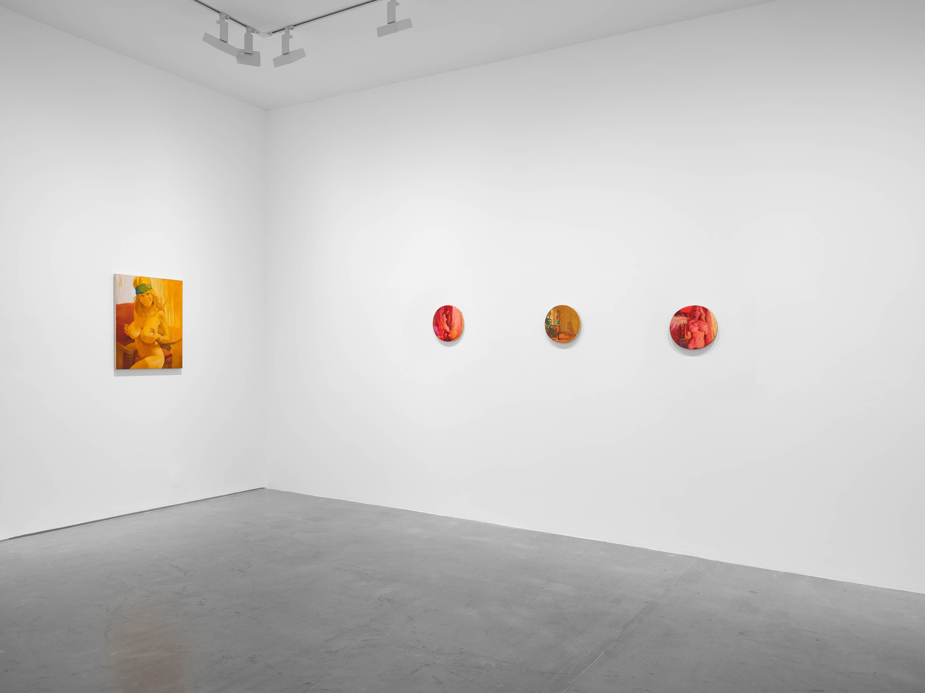 An installation view of the exhibition, Lisa Yuskavage: Rendez-vous, at David Zwirner in Paris, dated 2023.