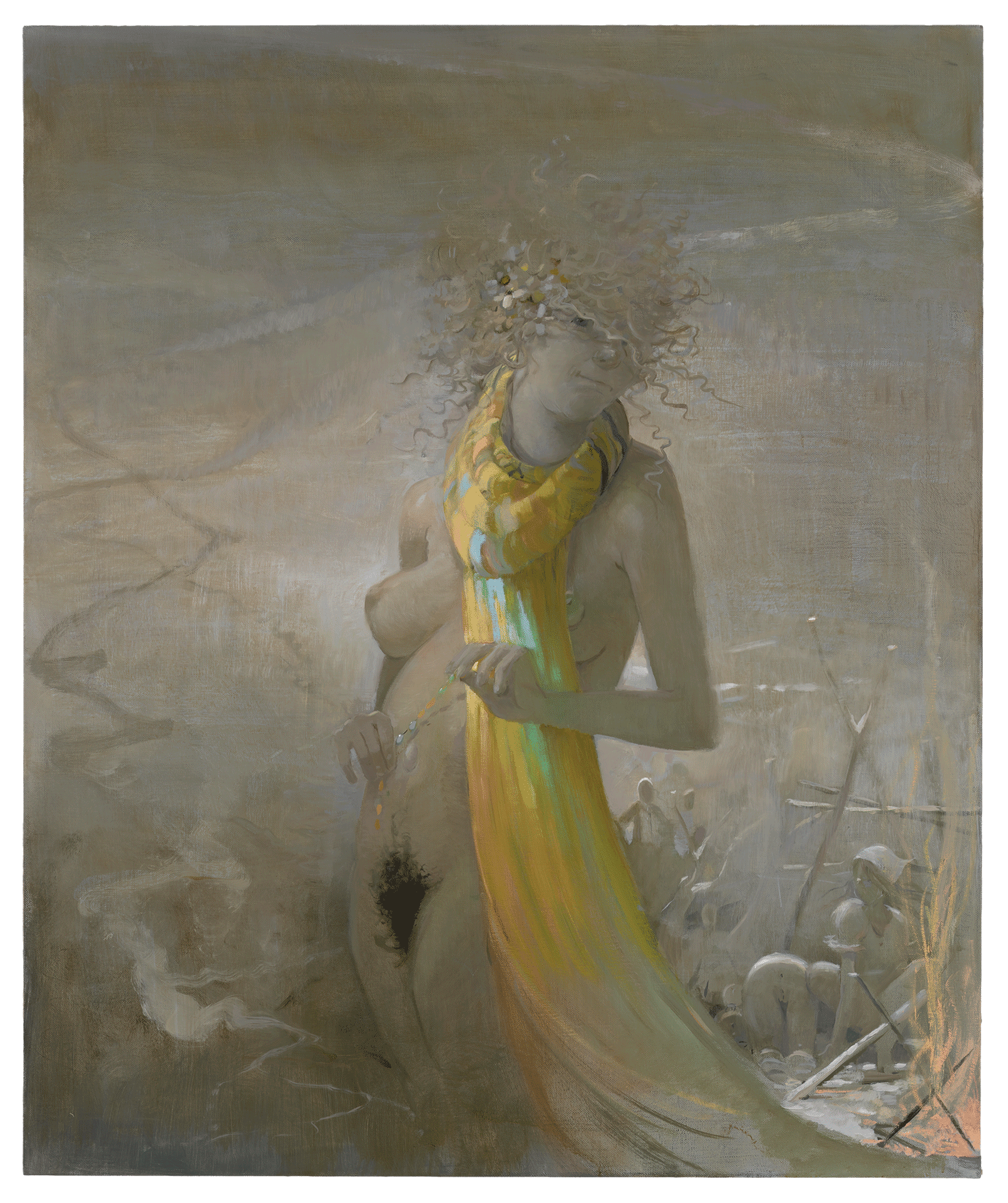 A painting by Lisa Yuskavage, titled My Rainbow Scarf, dated 2013.