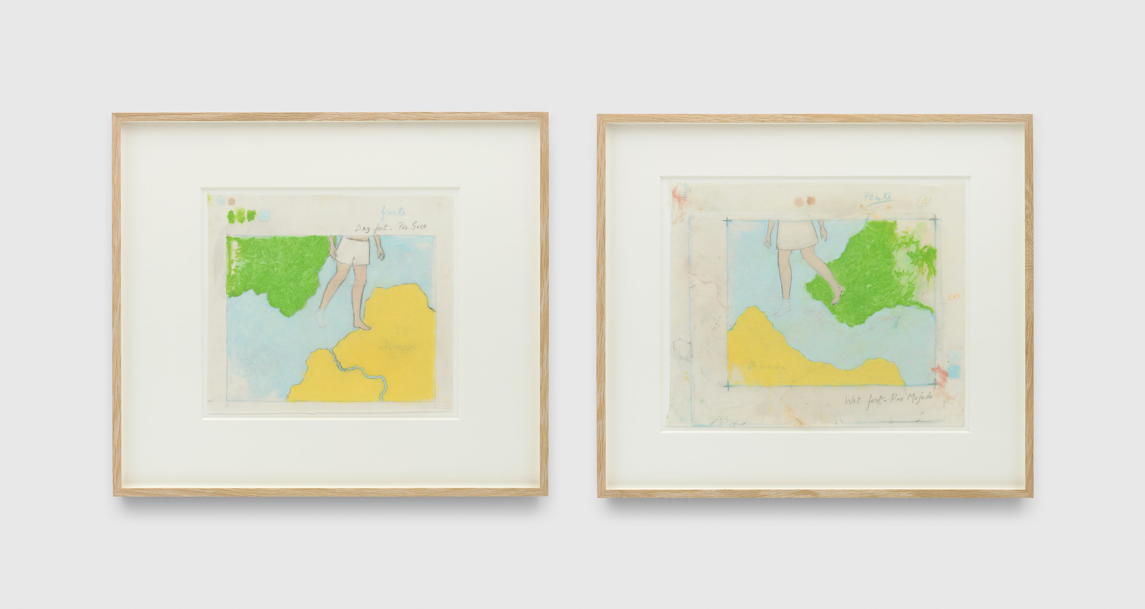 A two part painting by Francis Alÿs, titled Wet Foot / Dry Foot (Study for Bridge/Puente) Key West-Havana, dated 2007 to 2008.
