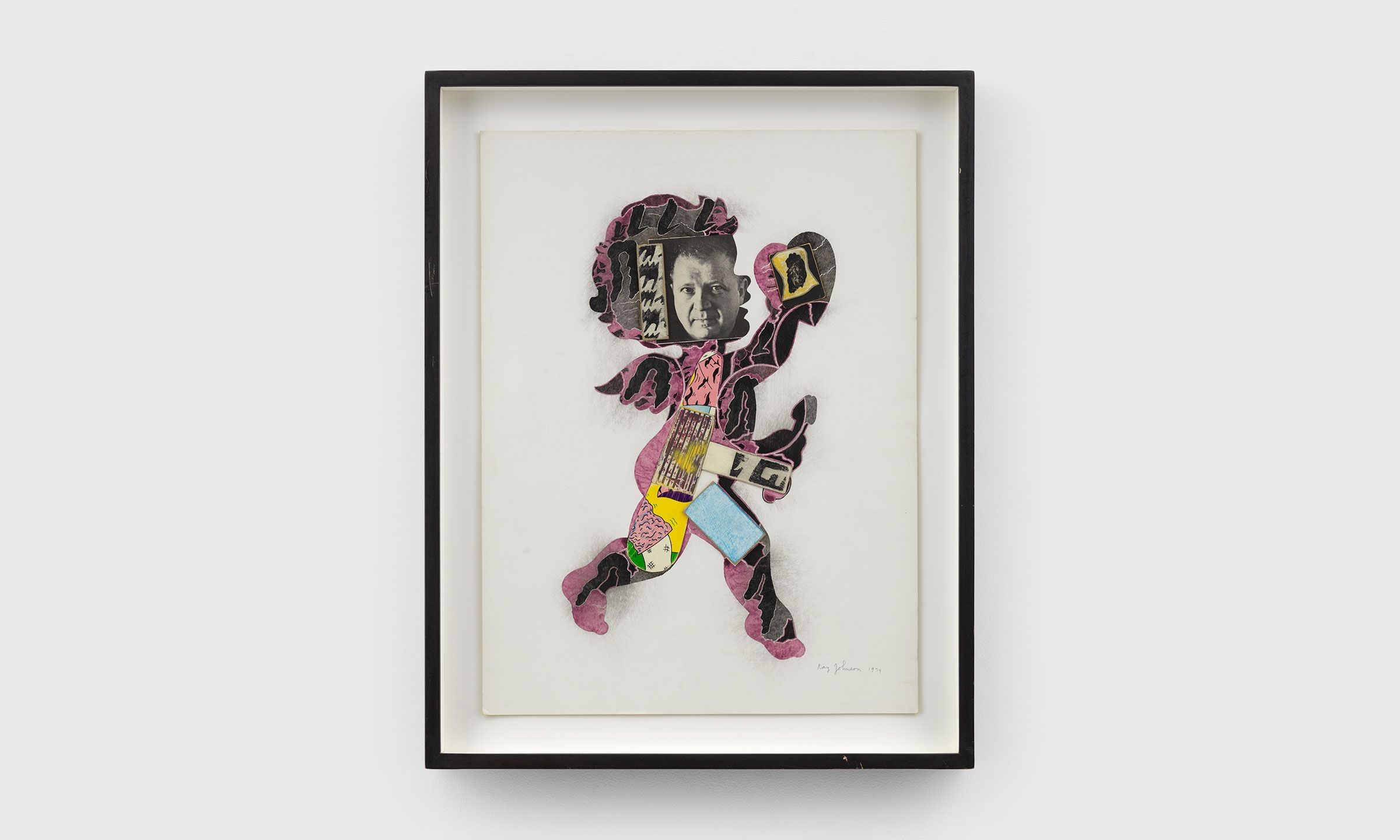 A mixed media work by Ray Johnson, titled Untitled (Cupid with Ad Reinhardt), dated 1974.