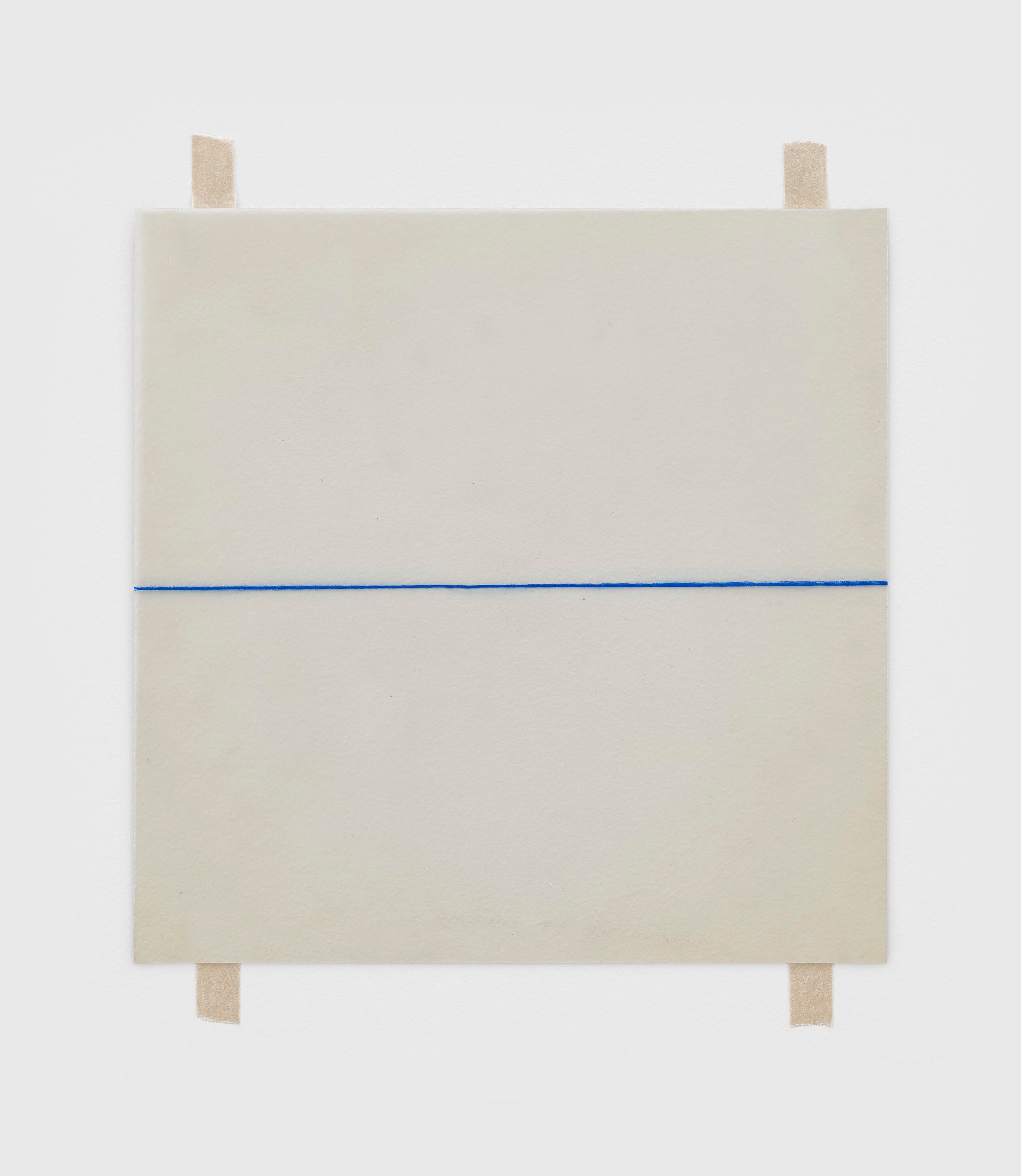 A painting by Robert Ryman, titled Blue Line Drawing #4, dated 1969.