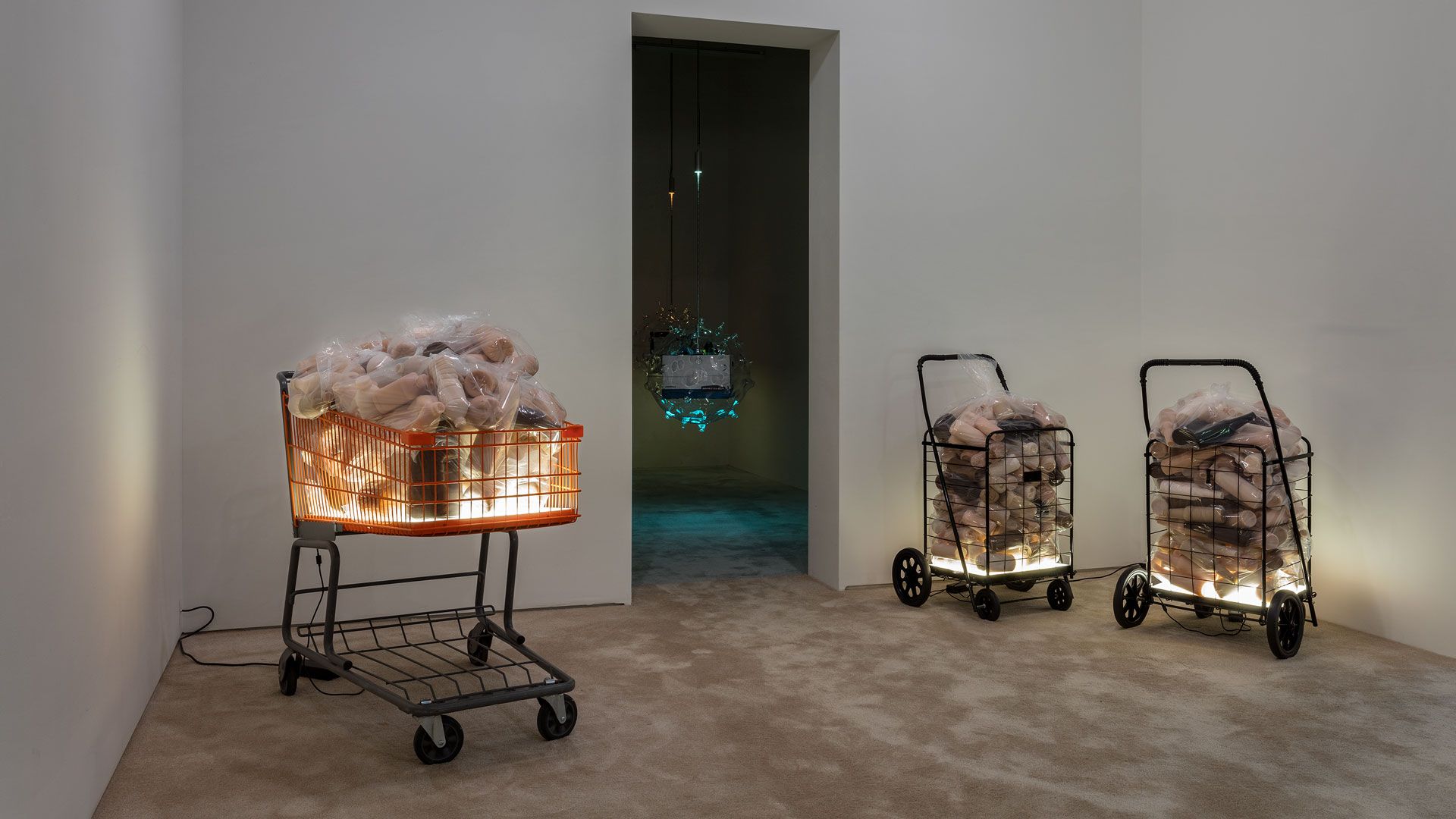 An installation view featuring works by Josh Kline, dated 2016