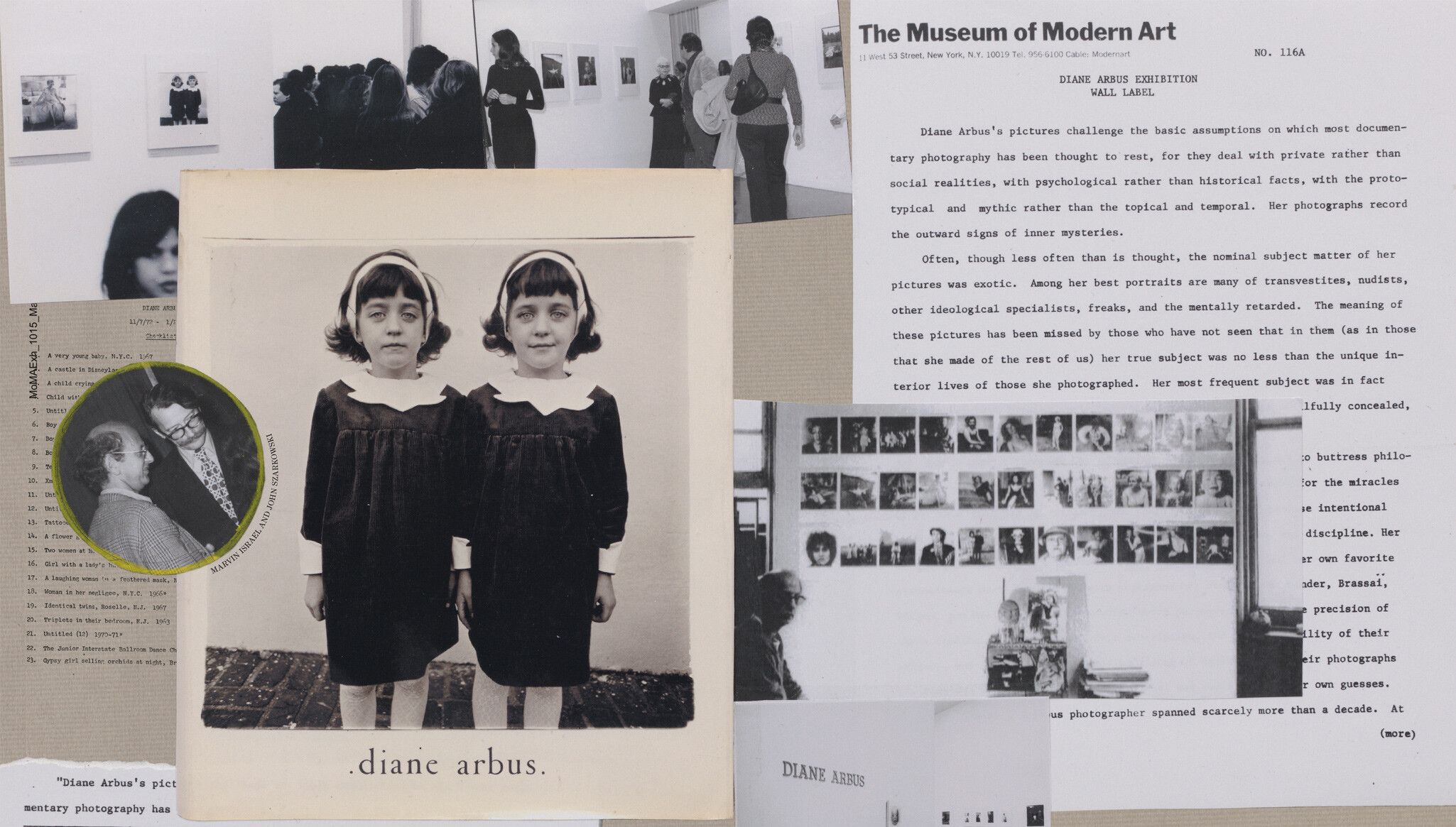 A collaged archival materials featured in Diane Arbus: Documents, co-published by David Zwirner Books and Fraenkel Gallery, dated 2022