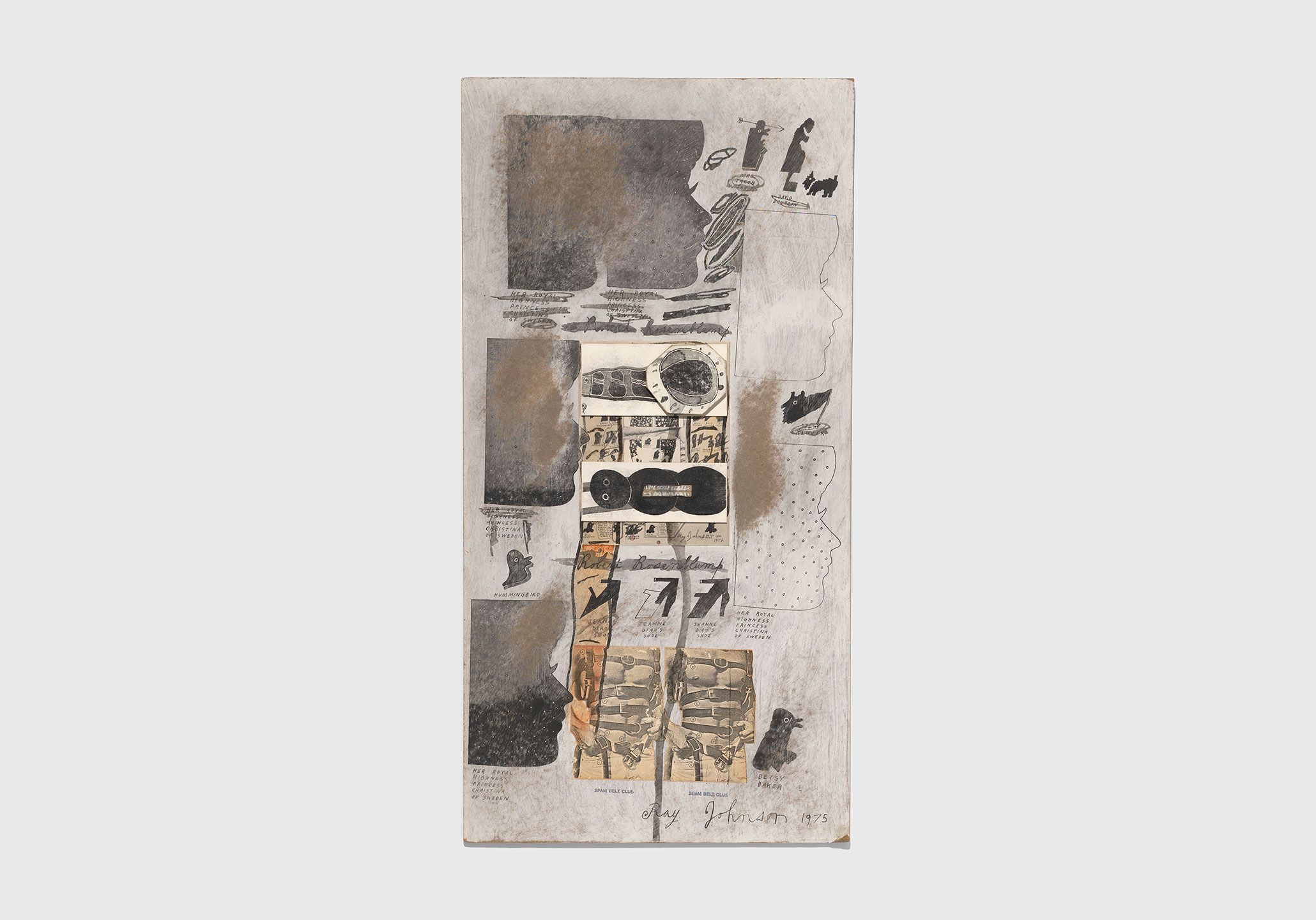 A collage on Masonite by Ray Johnson, titled Untitled (Her Royal Highness Princess Christina of Sweden), dated 1975.