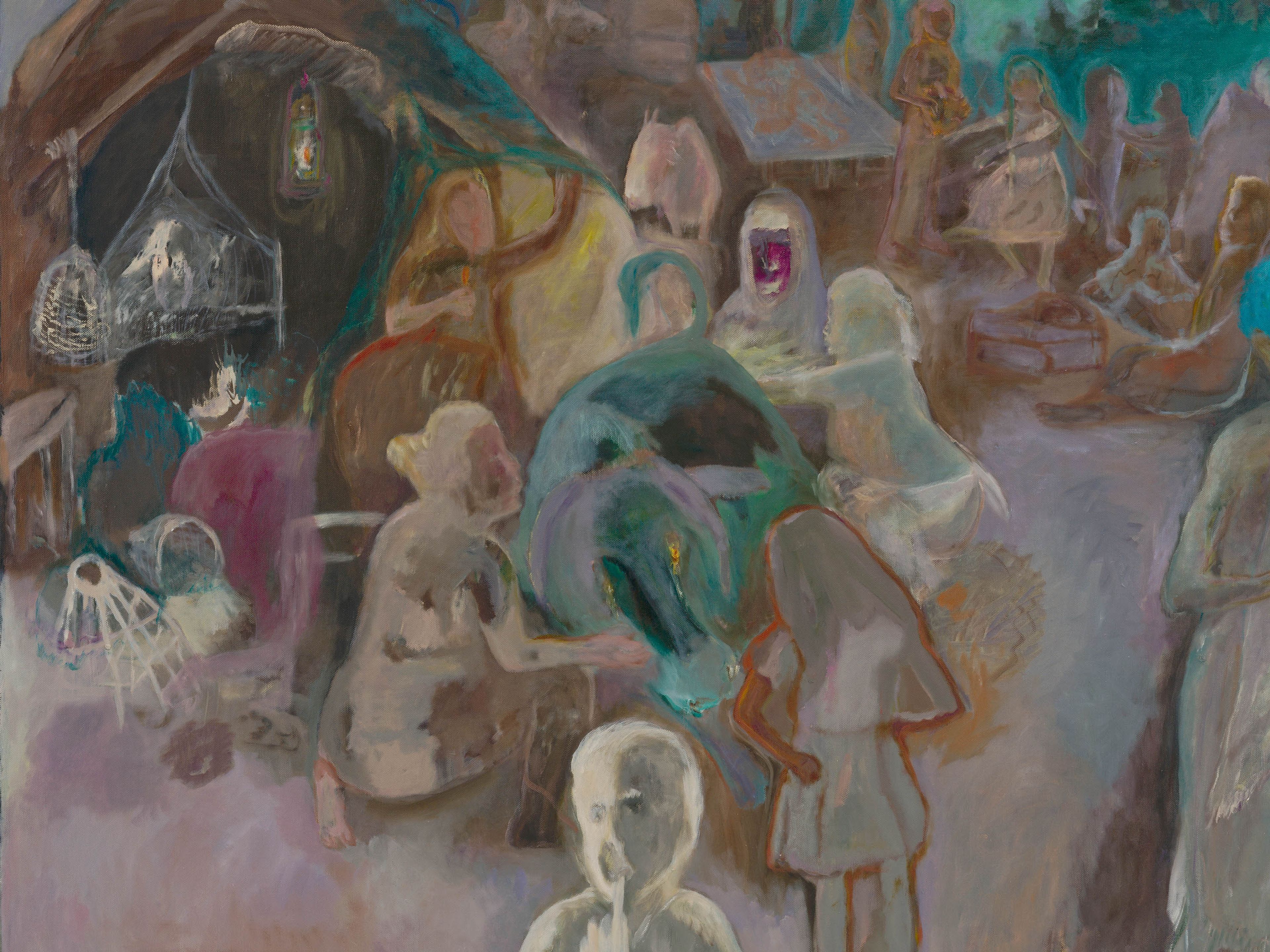 A detail from a painting by Sosa Joseph, titled Rain’s refugees, dated 2024 to 2025.