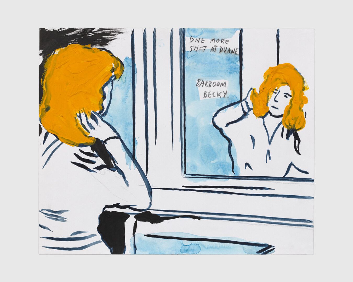 An ink, acrylic, and colored pencil work on paper by Raymond Pettibon, titled No Title (One more shot...), dated 2020.