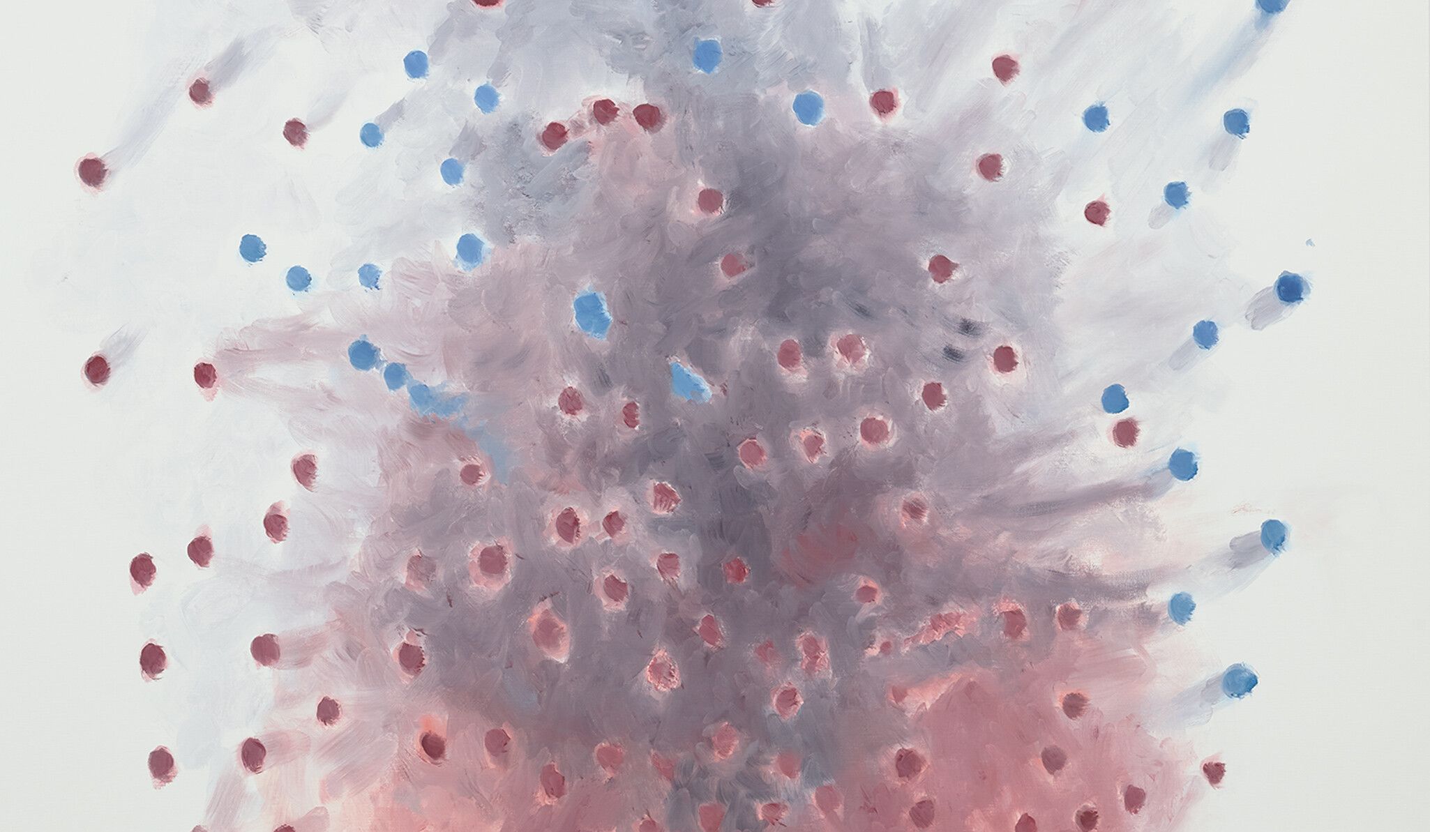 A detail of a painting by Luc Tuymans titled Polarisation - Based on a data visualization by Mauro Martino, dated 2021